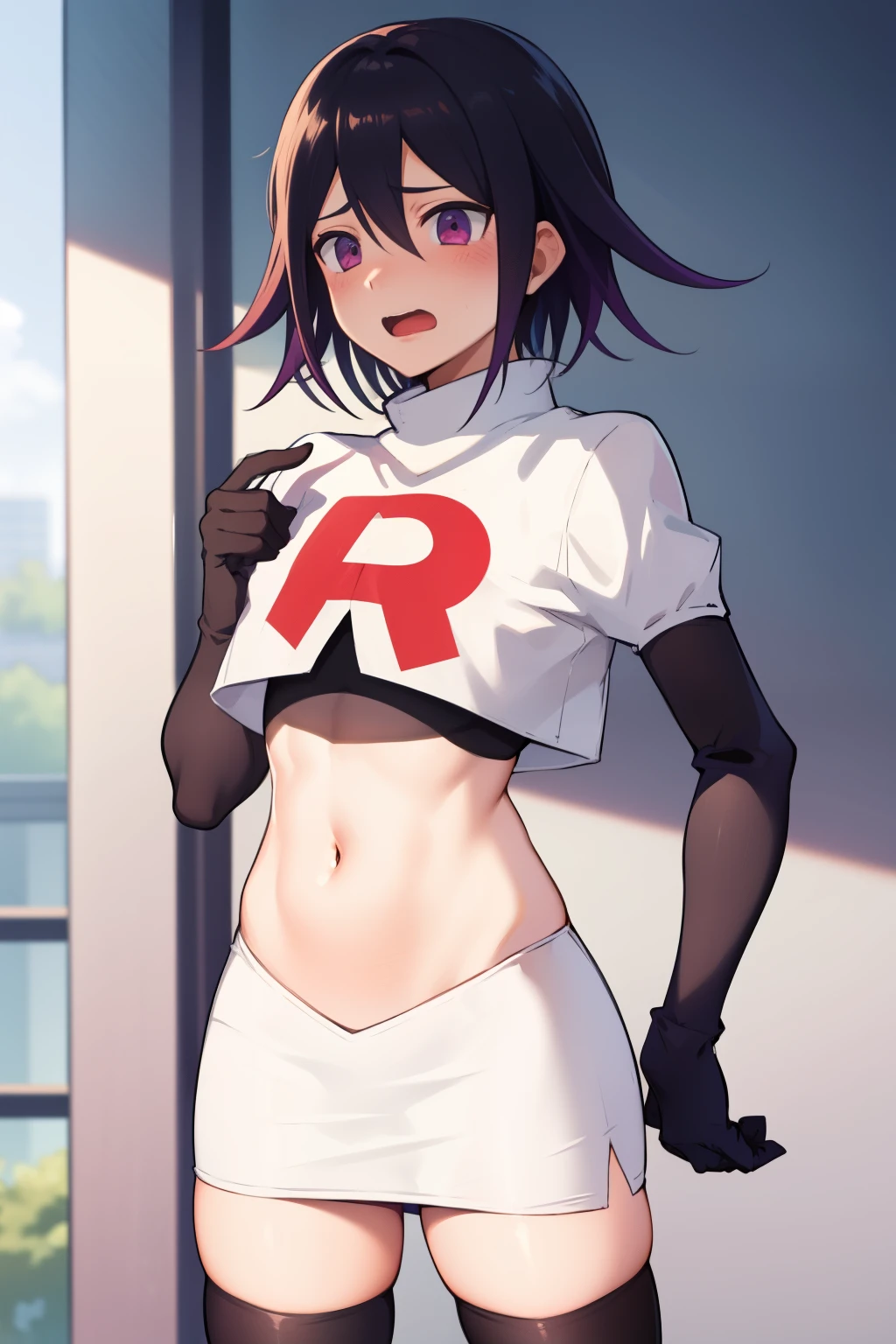 absurdres, cowboy shot, solo, male focus, trap, 1boy, crossdressing,1boy, oma kokichi, team rocket,team rocket uniform,white skirt,red letter R,crop top,black thigh-highs,black elbow gloves, embarrassed, blush