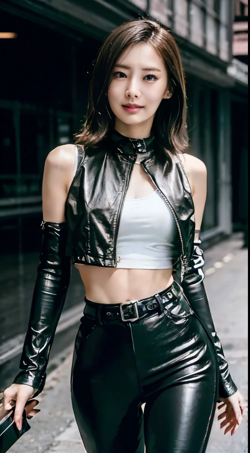 lolita, smile, 20-year-old, ((highest quality)), ((masterpiece)), (High resolution:1.3), ..3D, beautiful (cyber punk:1.3), Stylish woman, watch camera black leather clothing, sleeveless, embarrassing, invisible waist skin, Blue-black leather pants, silver zipper,Belt under the waist,super fine illustration,blonde hair , amount, silver zipper in the middle, leather blue black body, with sleeves: Blue Black, shiny, black hair,