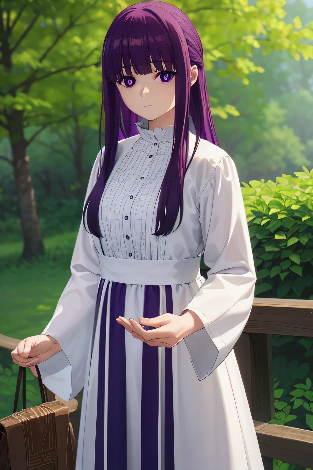 Fern, Fern, long hair, bangs, (purple eyes:1.1), purple hair, side lock, blunt bangs, (bright pupils:1.5), half up hair,
break long sleeves, dress, white dress, long dress, robe, black robe,
break outdoor, null, cloud, sun, forest, wood,
break looking at viewer, (cowboy shot:1.5),
break (masterpiece:1.2), highest quality, High resolution, unity 8k wallpaper, (shape:0.8), (beautiful and detailed eyes:1.6), highly detailed face, perfect lighting, Very detailed CG, (perfect hands, perfect anatomy),