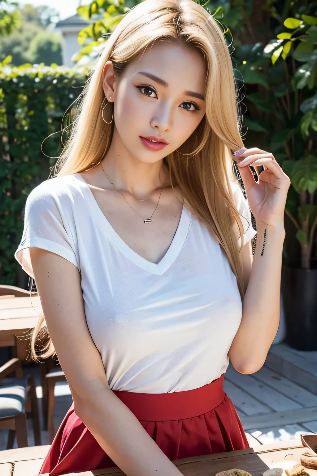excellent anatomy, table top, highest quality, 4K, 8K, professional photography, soft light, sharp focus, popular garden, 1 girl, evening,Hands-on Shopping Bag,A breeze blows through,Fallen leaves,blonde hair, shirt, long skirt,flipflops,blonde hair, Bank spin-offs, detailed face+brown eyes, is playing happily,a little drunk,face turns red,Tsundere, beauty mole,lipstick, necklace, big breasts,