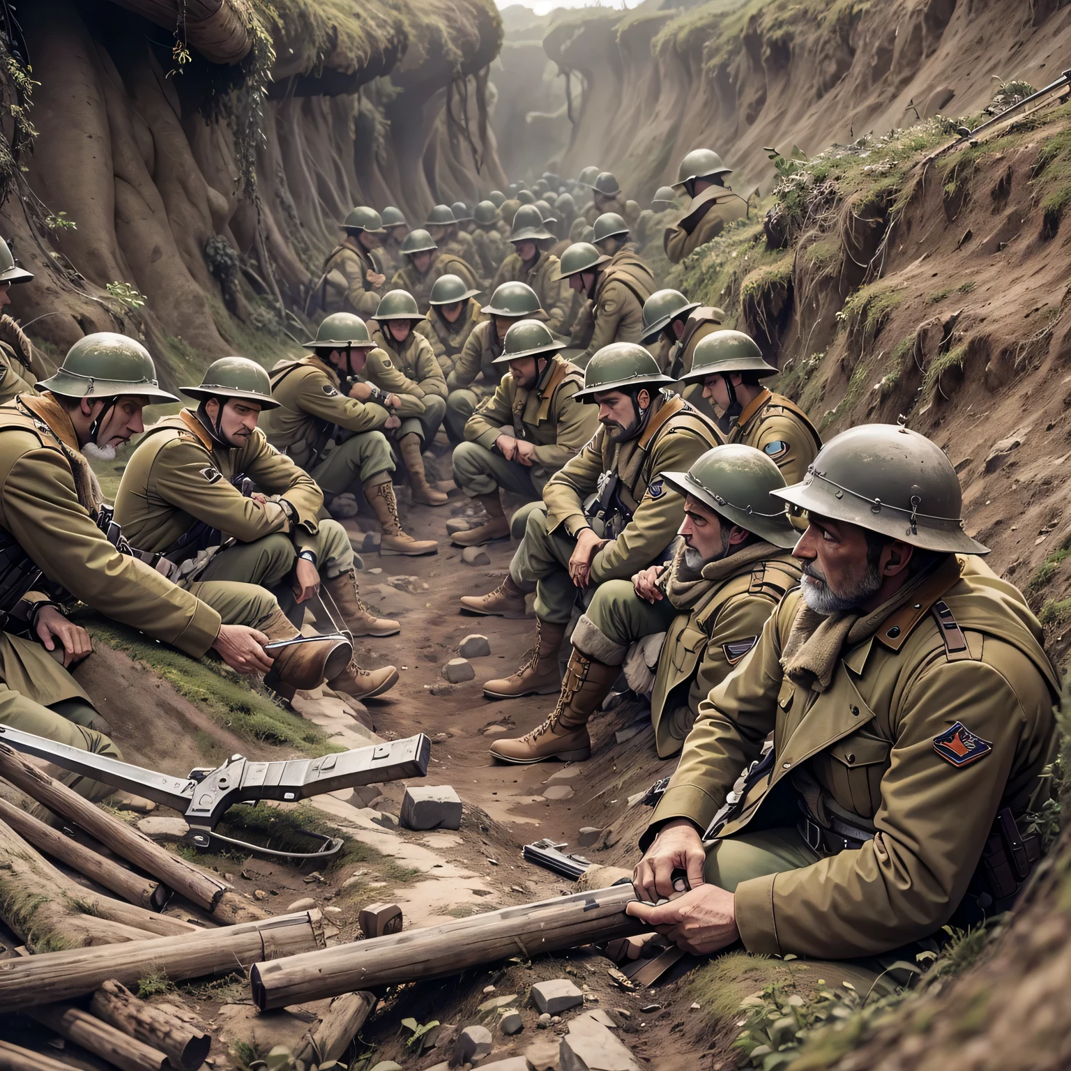 Soldiers sit in trenches waiting for the final battle to begin