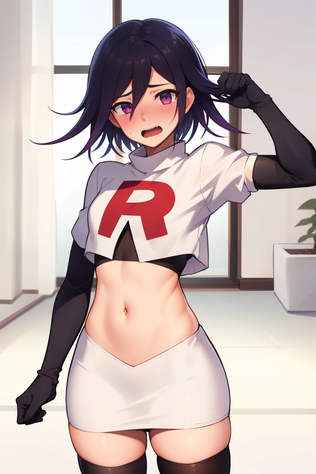 absurdres, cowboy shot, solo, male focus, trap, 1boy, crossdressing,1boy, oma kokichi, team rocket,team rocket uniform,white skirt,red letter R,crop top,black thigh-highs,black elbow gloves, embarrassed, blush