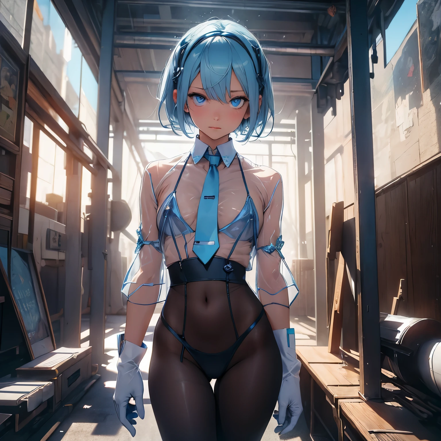(quality)), ((masterpiece)), Recommended resultsluffly、(see through:1.5)、whole body 、Swollen nipples，straighten your back、huge bust、angle to floor:1.2、low camera angle、Hair loss on crotch、Whole body facing the camera，Hair can be seen on the crotch，Hatsune Miku, 1 girl, (alone:1.2), ((masterpiece)), [Slim], (), ((exquisite eyes)), (bokeh effect), medium shot, Yuradev, (light blue hair), short hair, black hair band, (blue gloves), (blue tie), elegant，white body