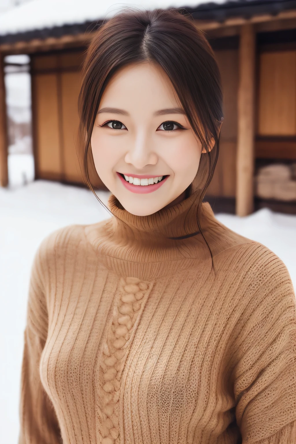 Hostess Face、turtleneck wool sweater、high quality、surreal、healthy、smile、Perfect slender figure、beauty of japan、 perfect eyes、beautiful skin、Upper body、Snow Town
