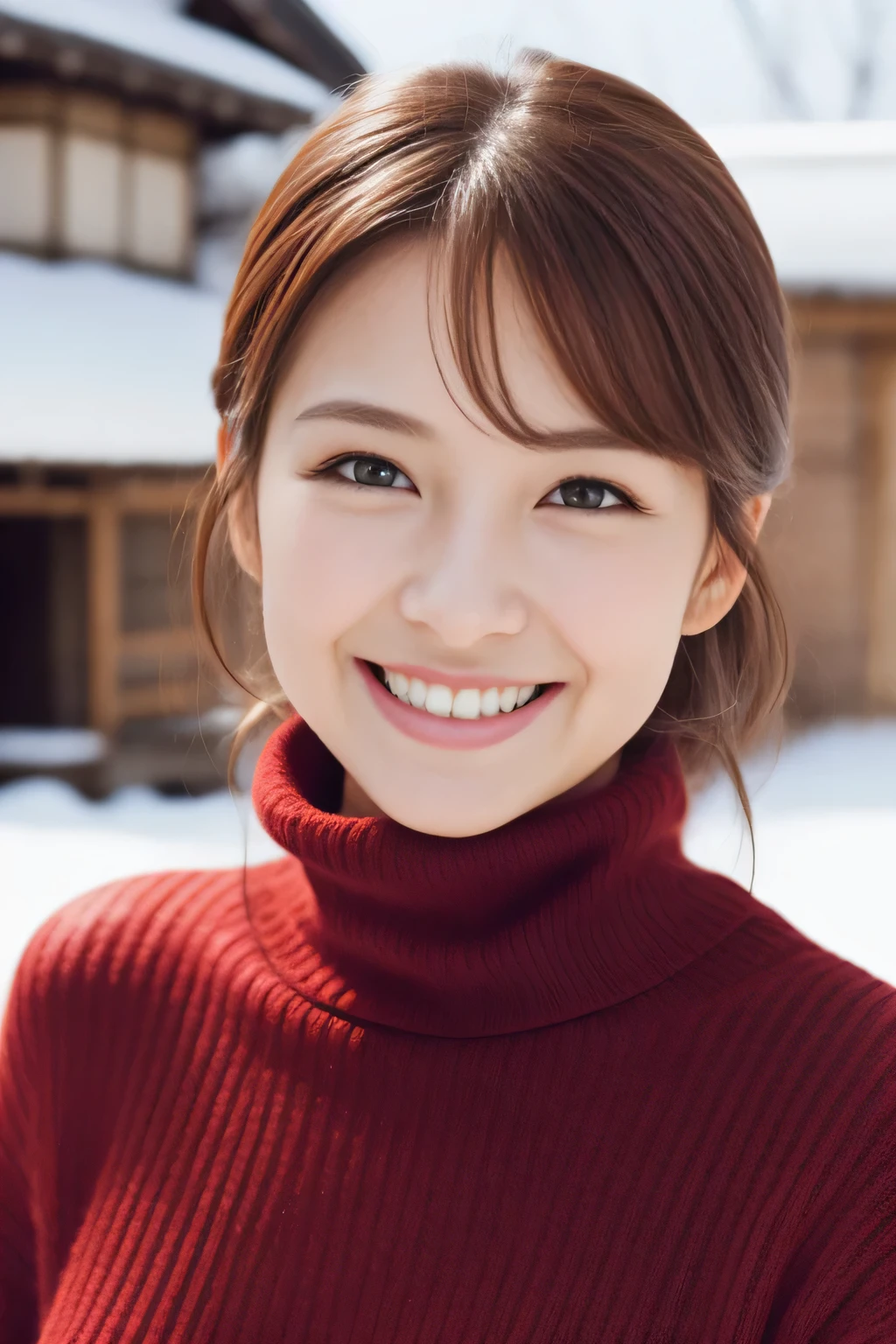 Hostess Face、turtleneck wool sweater、high quality、surreal、healthy、smile、Perfect slender figure、beauty of japan、 perfect eyes、beautiful skin、Upper body、Snow Town