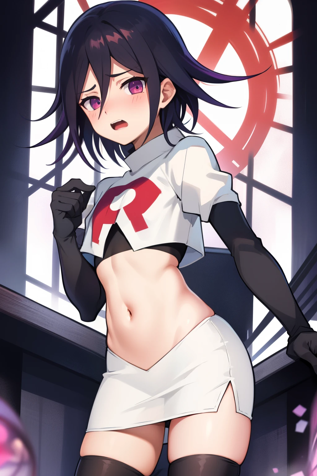 absurdres, cowboy shot, solo, male focus, trap, 1boy, crossdressing,1boy, oma kokichi, team rocket,team rocket uniform,white skirt,red letter R,crop top,black thigh-highs,black elbow gloves, embarrassed, blush