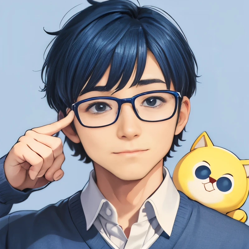 master piece、mascot character、comics、Two colors: blue and white、1 male、40 years old、Uncle Ike、Face facing diagonally、wore glasses、Hairstyle Two Blocks、Big eyes、cardigan and shirt、soft smile、（Inspiration、Point your index finger up、light bulb above head）