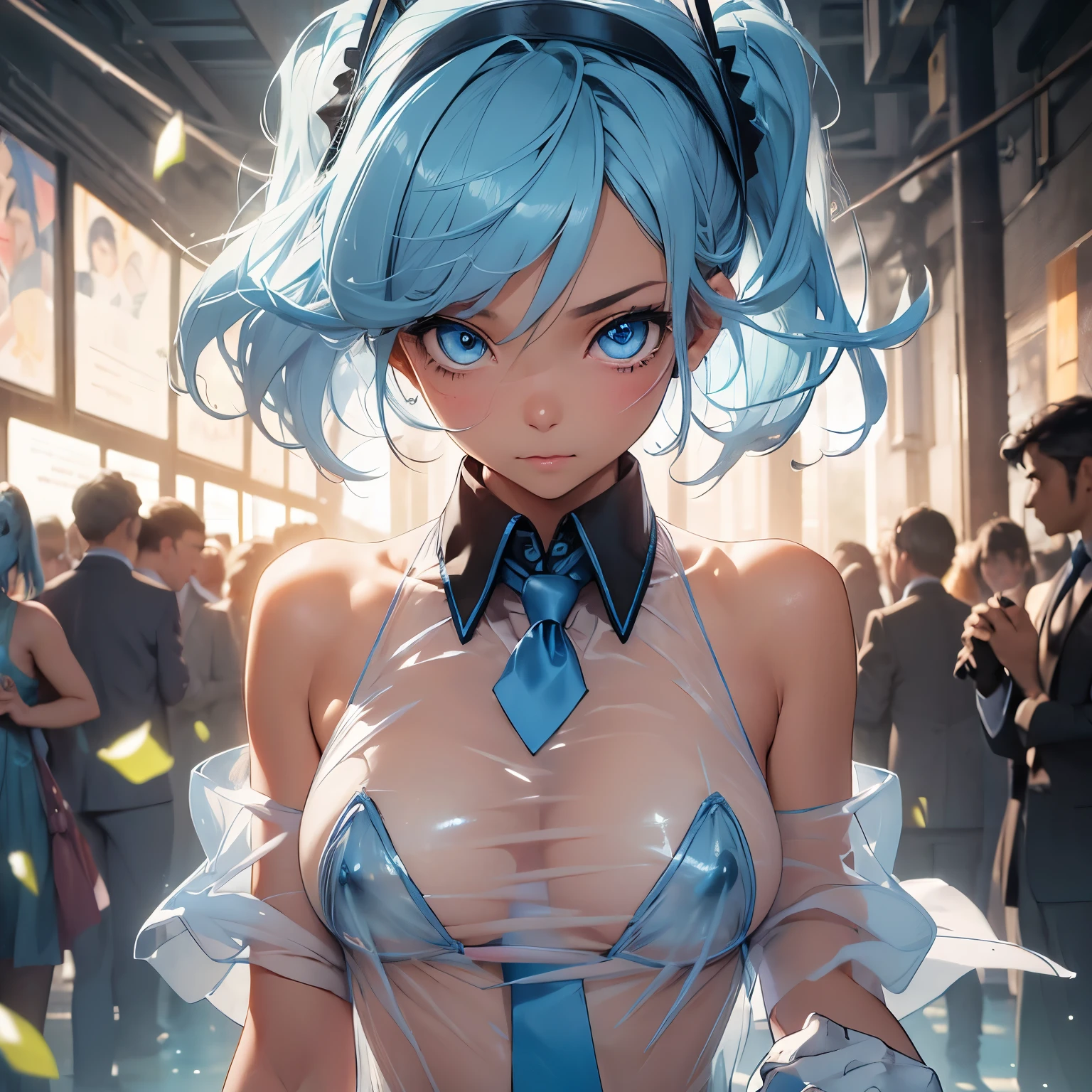 (quality)), ((masterpiece)), Recommended resultsluffly、(see through:1.5)、whole body 、Swollen nipples，straighten your back、huge bust、angle to floor:1.2、low camera angle、Hair loss on crotch、Whole body facing the camera，Hair can be seen on the crotch，Hatsune Miku, 1 girl, (alone:1.2), ((masterpiece)), [Slim], (), ((exquisite eyes)), (bokeh effect), medium shot, Yuradev, (light blue hair), short hair, black hair band, (blue gloves), (blue tie), elegant，white body