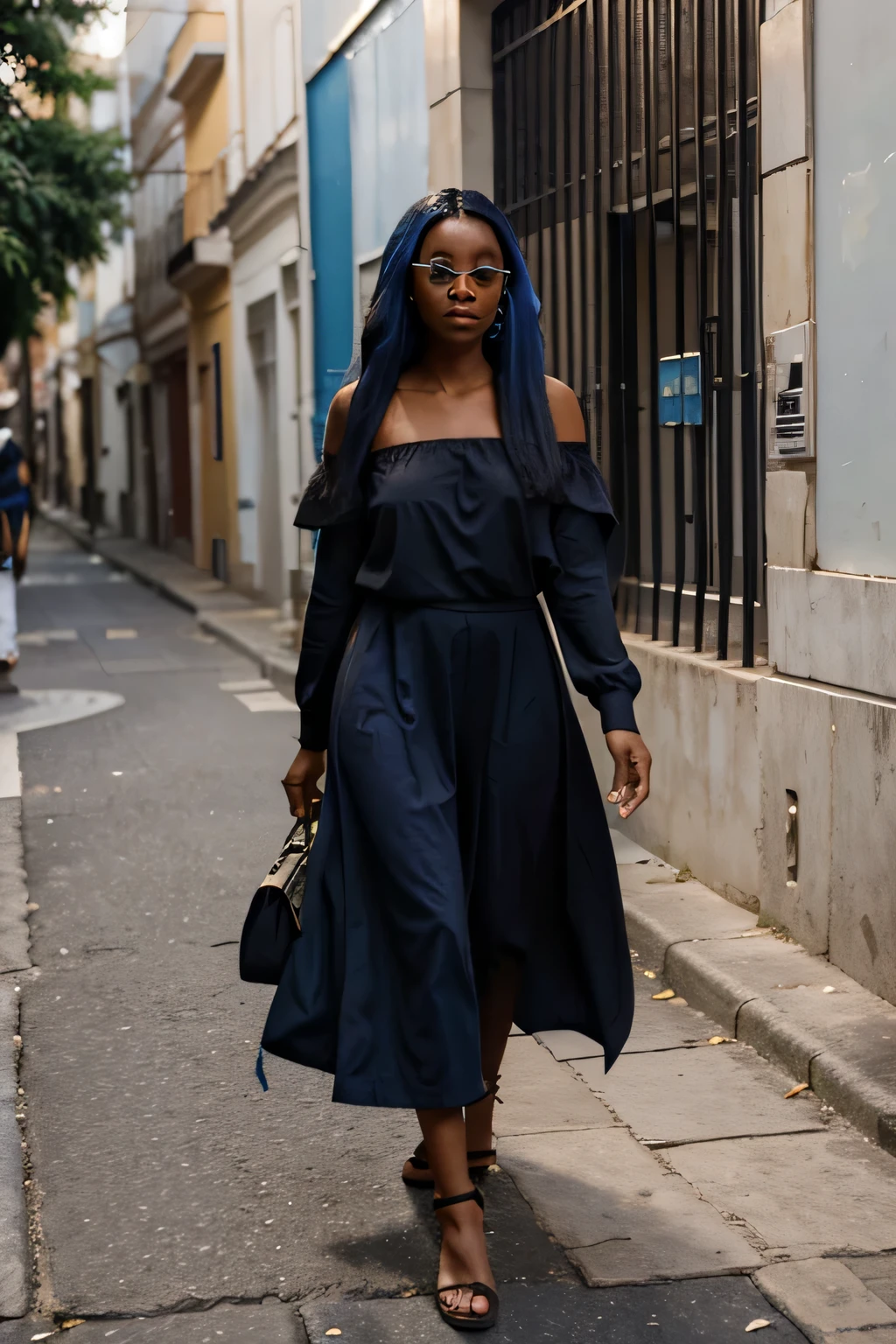 uma mulhe negra andando na rua com cabelos caxiados usando roupas azul