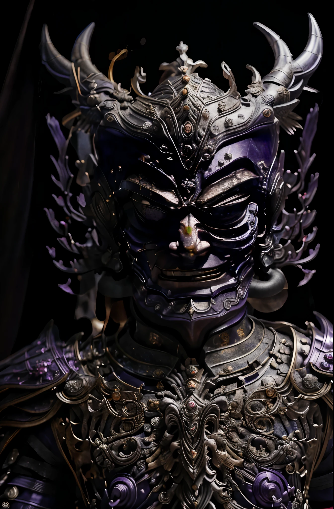 man， purple armor, light bearer karoriors, medieval city, dark, fighting, epic, karo, Surrealism, 8k, Super details, karo, fighting against demons, darkness, fear, rain