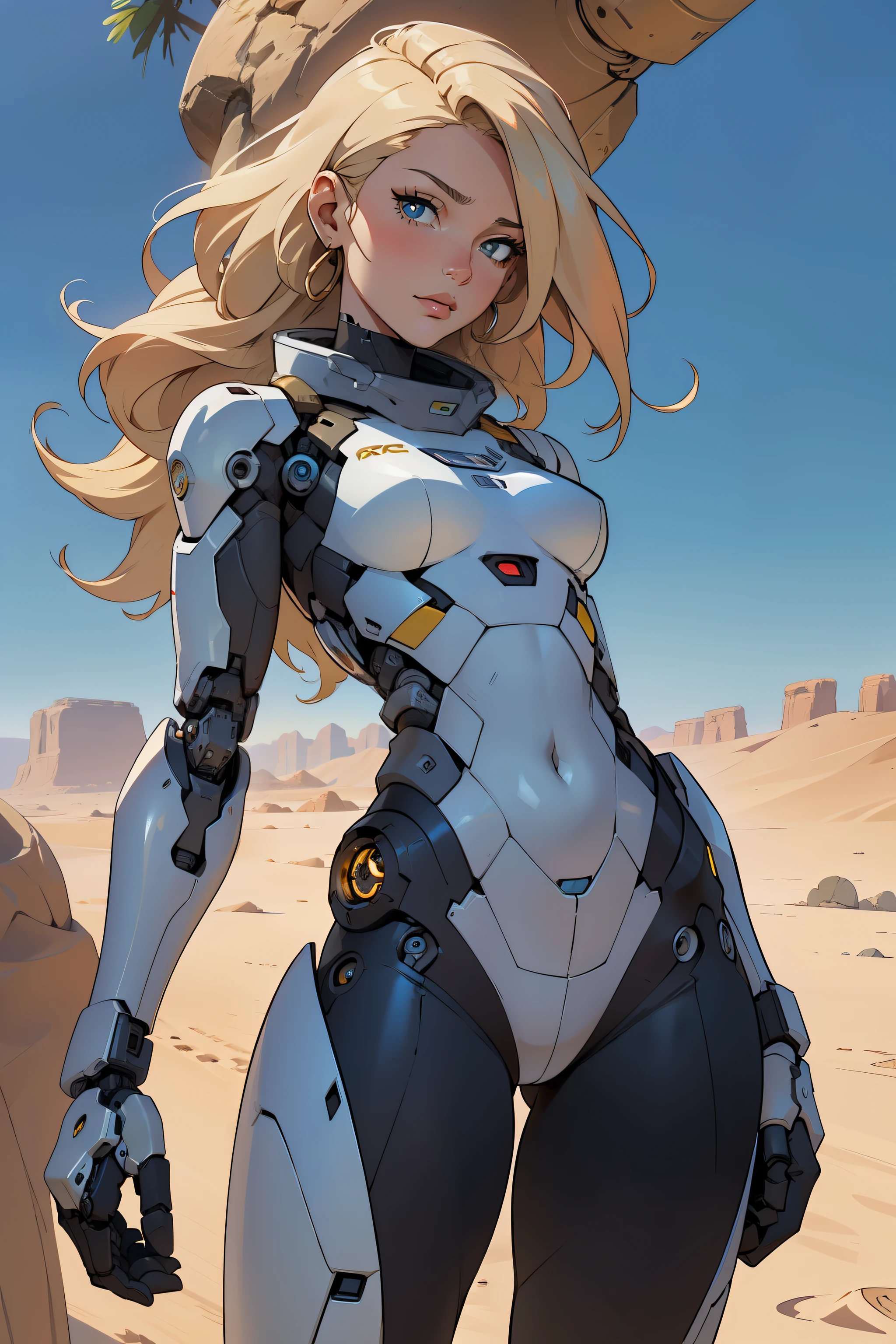 high quality, 4k, masterpiece, beautiful, cyborg girl, cowboy shot, dull eyes, looking at viewer, long blonde hair, girl, small breasts, fit thigh, robotic arms, robotic body, cyborg body, yellow accent, intricate detail, joint, detailed lines, robotic detail, holding fist up, holding hand up as fist, color robotic parts, robotic parts with color, perfect fingers, on a desert planet, sunny background, colorful desert,
