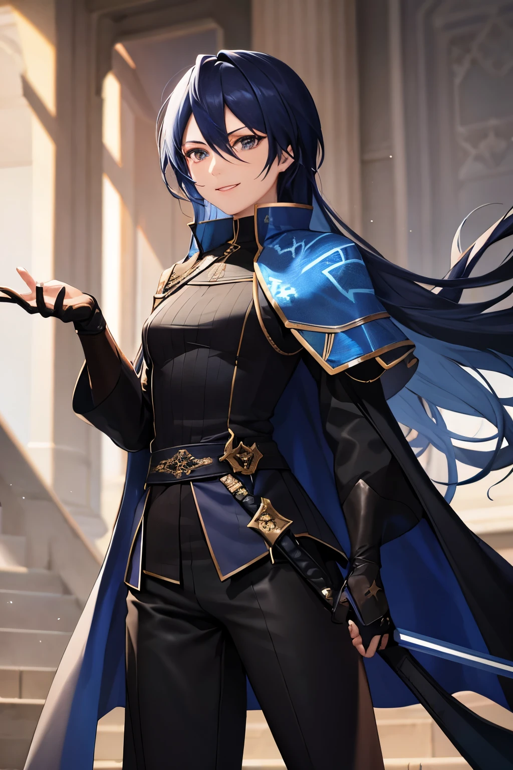 1a woman with masculine appearance, blue hair, long hair, dark blue shoulder coat, smile, (hand over longsword waist), dark coat with stars that cover whole body, dark leggings.