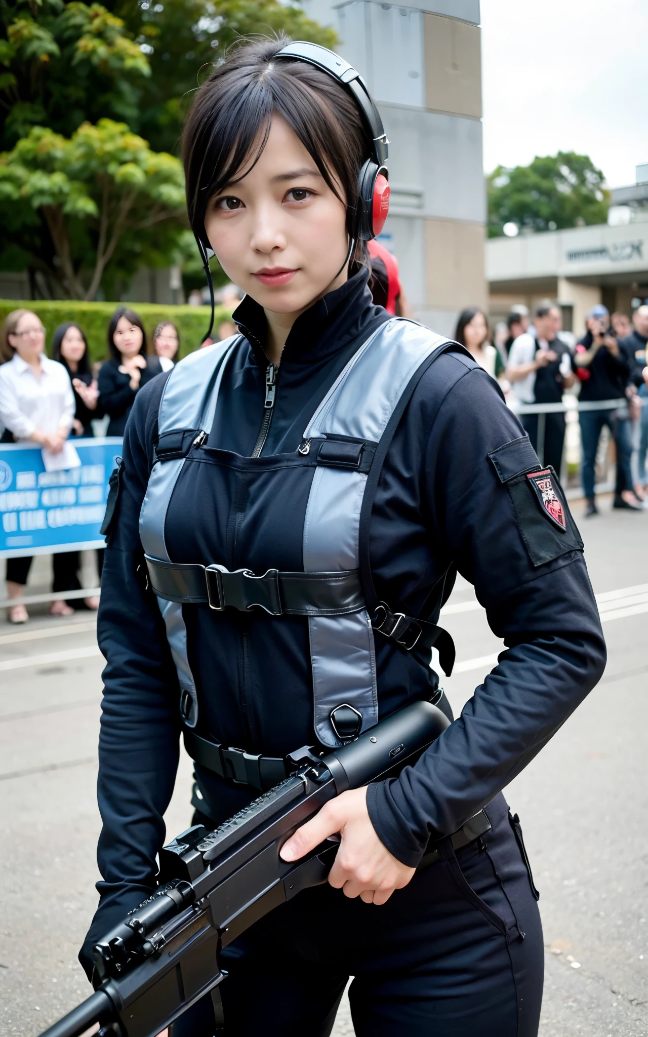 ((Best Quality, 8K, Masterpiece: 1.3)), ((best quality)), photorealistic, photorealism, Photorealistic, high resolution, 1girl aiming with an ak-47 assault rifle, Combat pose, looking at the camera, (Detailed face), short hair, (plump and muscular:0.7), (wearing red rubber suit, tactical vests, military harness, black gloves, high-tech headset), ((cloths color based on black blue)), revealed thigh, Gun, Fingers are occluded, concrete wall background,