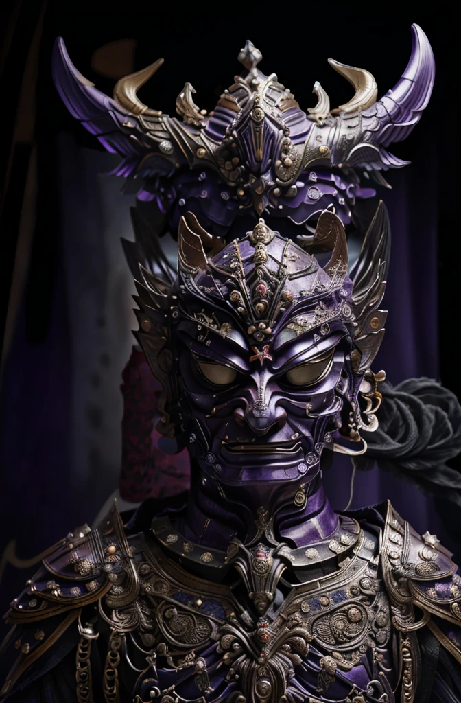 man， purple armor, light bearer karoriors, medieval city, dark, fighting, epic, karo, Surrealism, 8k, Super details, karo, fighting against demons, darkness, fear, rain