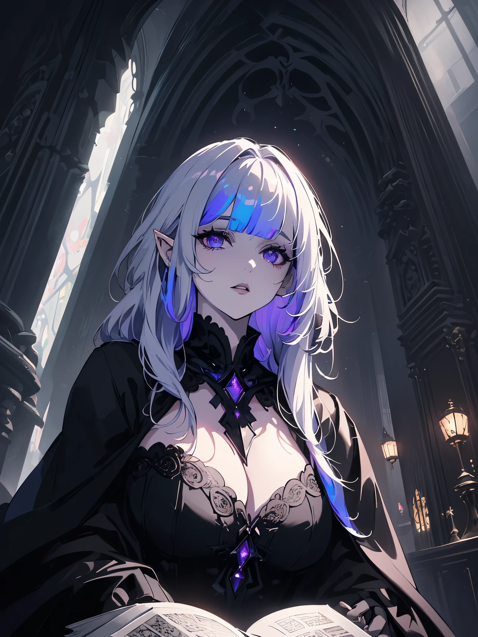 A dark witch with plump lips, illuminated purple eyes, white hair, long hair, elf ears, long white cape, and black robes, black gloves, high collar with black button, cleavage, belly showing, big ass, ((( dark wizard setting with book mounts, low light and leaks))), {extremely detailed 16k CG unit wallpaper}, expansive landscape photography, (a view from below with focus on character and setting), ( wide open field view), (low angle shot), (high light: 1.2), (low light: 1.8), (warm light source: 1.2), complex details, (iridescent colors: 1.5), (bright lighting ), (atmospheric lighting), dreamy, unique,
