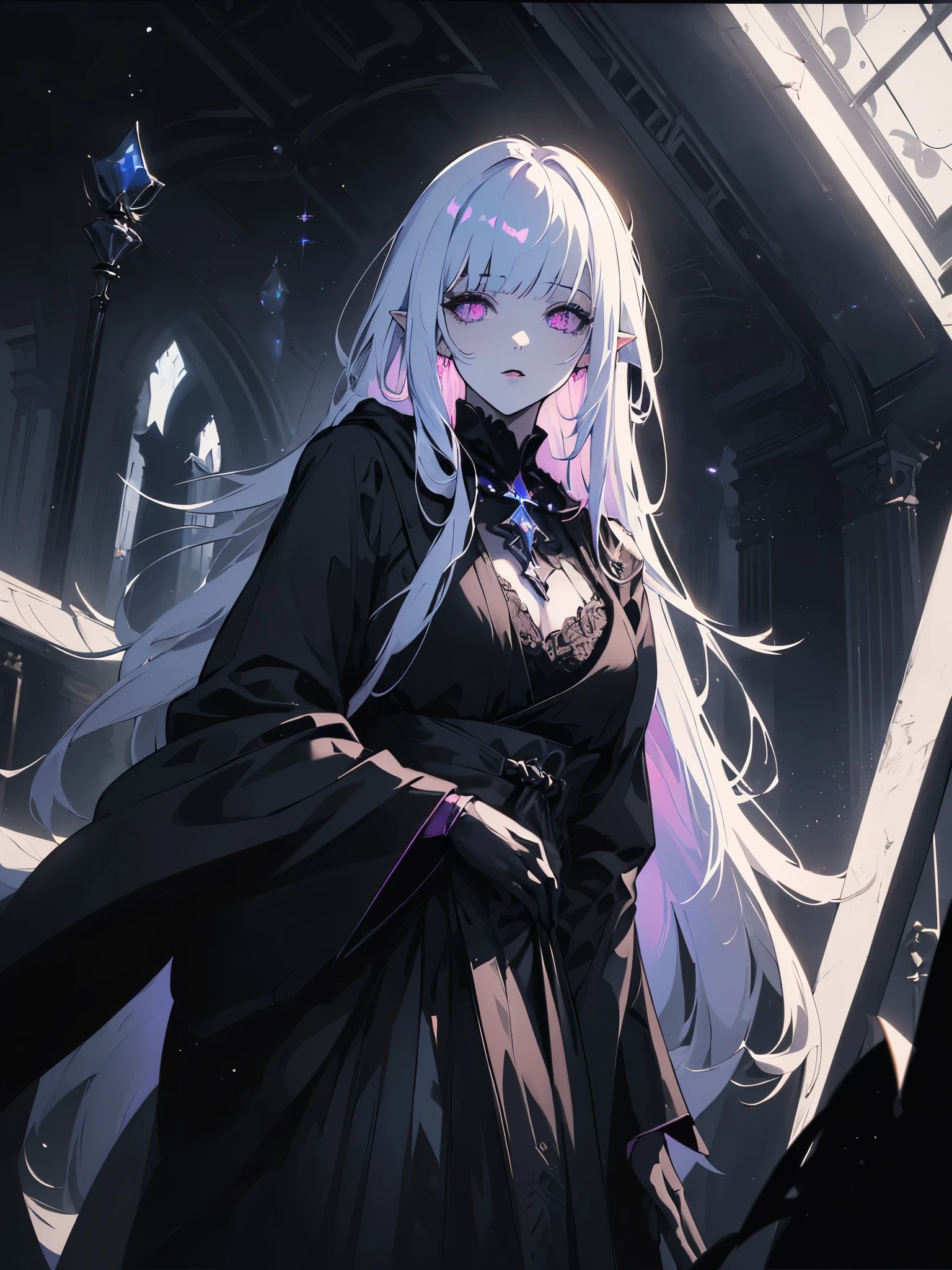 A dark witch with plump lips, illuminated purple eyes, white hair, long hair, elf ears, long white cape, and black robes, black gloves, high collar with black button, cleavage, belly showing, big ass, ((( dark wizard setting with book mounts, low light and leaks))), {extremely detailed 16k CG unit wallpaper}, expansive landscape photography, (a view from below with focus on character and setting), ( wide open field view), (low angle shot), (high light: 1.2), (low light: 1.8), (warm light source: 1.2), complex details, (iridescent colors: 1.5), (bright lighting ), (atmospheric lighting), dreamy, unique,