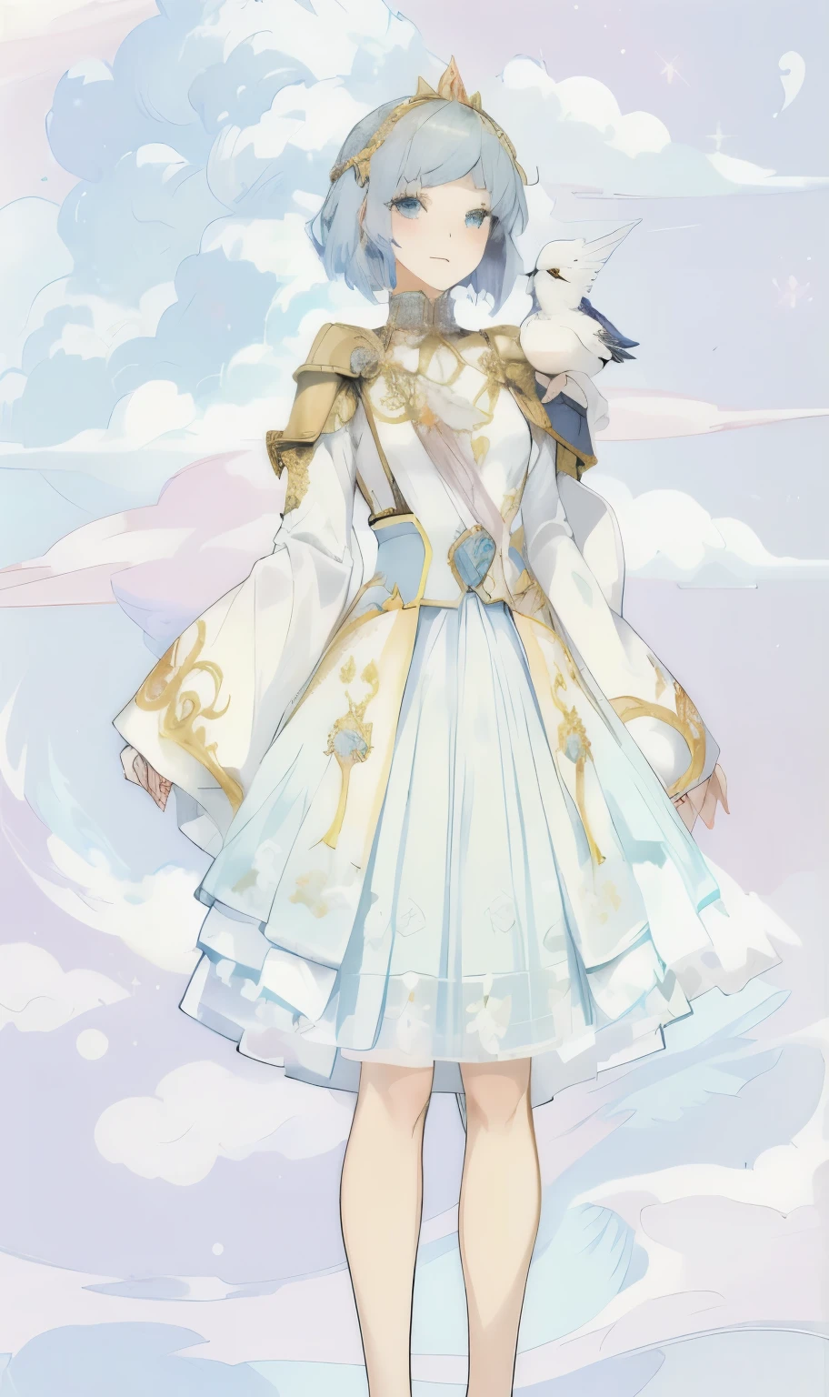 Anime girl wearing skirt,There is a bird on the shoulder, Cute anime waifu wearing beautiful clothes, my dress up darling anime, clear outfit design, Astral Witch Clothes, !!full body portrait!!, Beautiful anime character design, Can be used all over the body, Cotton Cloud Mage Robe, Gilded Lotus Princess, flowing magic robe, wearing clothes, ((beautiful fantasy queen))