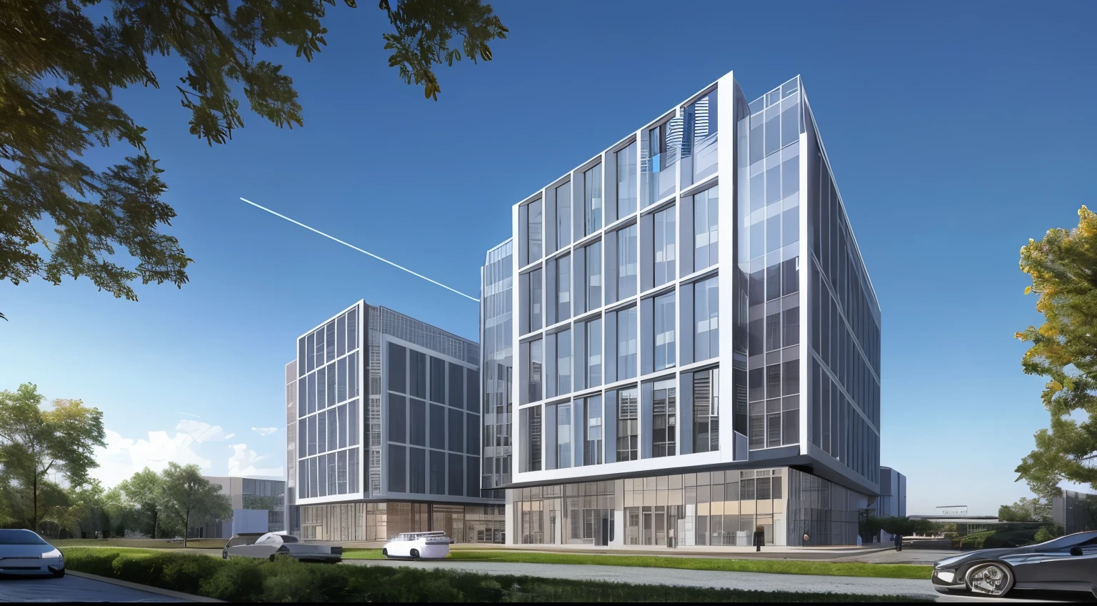 Rendering of a large building with lots of windows and sky background, Clear rendering of headquarters, Sharp Focus Illustration Headquarters, medical research facilities, Sharp Focus Illustration Headquarters, 2022 wide angle exterior, digital renderinging, digital drawing, Rendering of a Wendigo, office building, Photos from 2022, Architectural renderings, outdoor filming, digital rendering, night view,Inner light transmission,Window frames illuminated with LED lights
