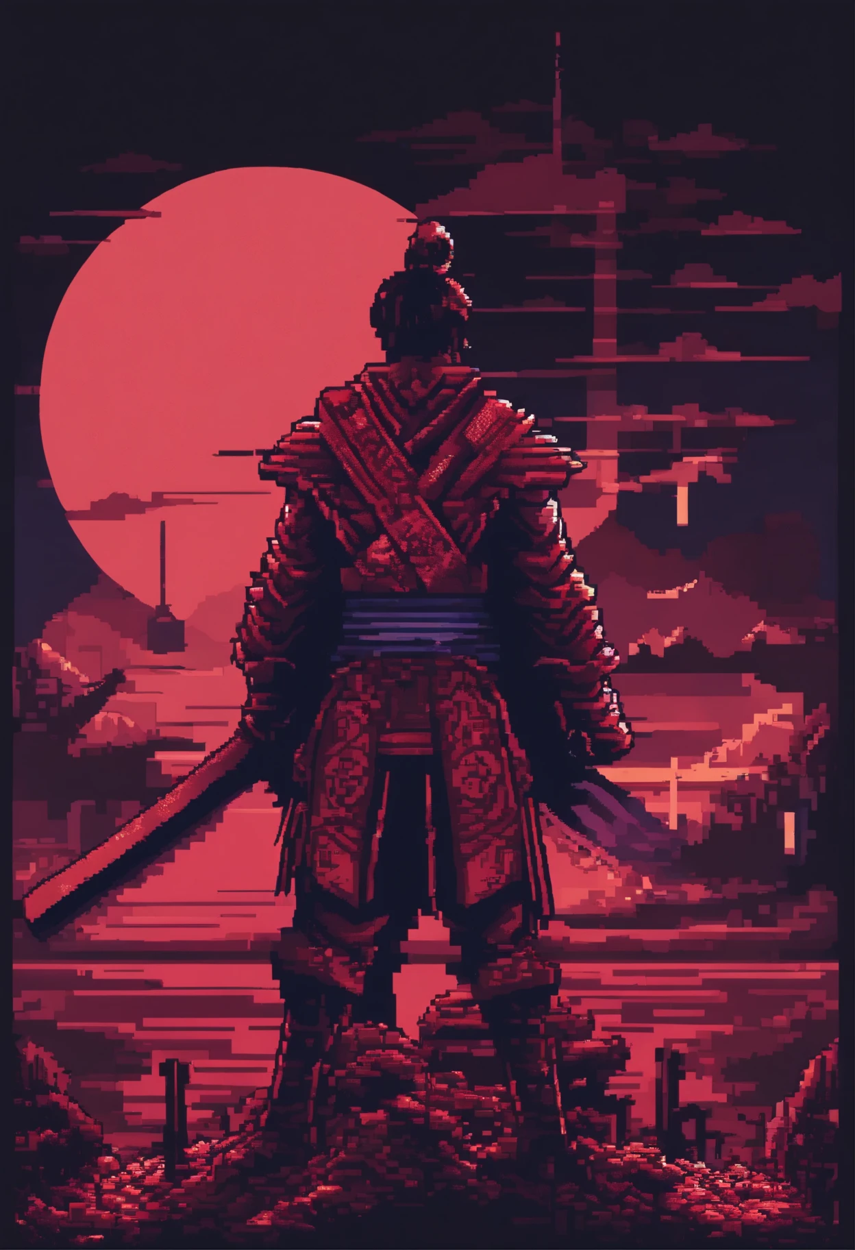 Pixel, Pixel Art, One boy, Full Body, Dark Fantasy, blood samurai,is on your back)