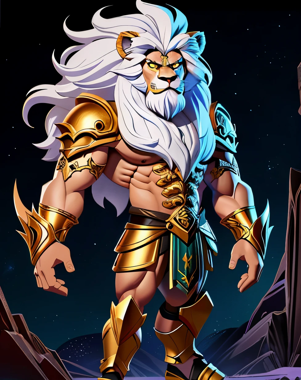 um close de um homem com rosto peludo e barba, lion warrior, lobisomem musculoso, Senhor das Bestas, 2d full body lion, Djinn Human Hybrid, lion body, roaring white lion. majestoso, forte e imponente, Pano Distante, Senhor da Selva, epic fantasy character art, poderoso guerreiro, male djinn man demon hybrid, Narasimha, pelo branco 