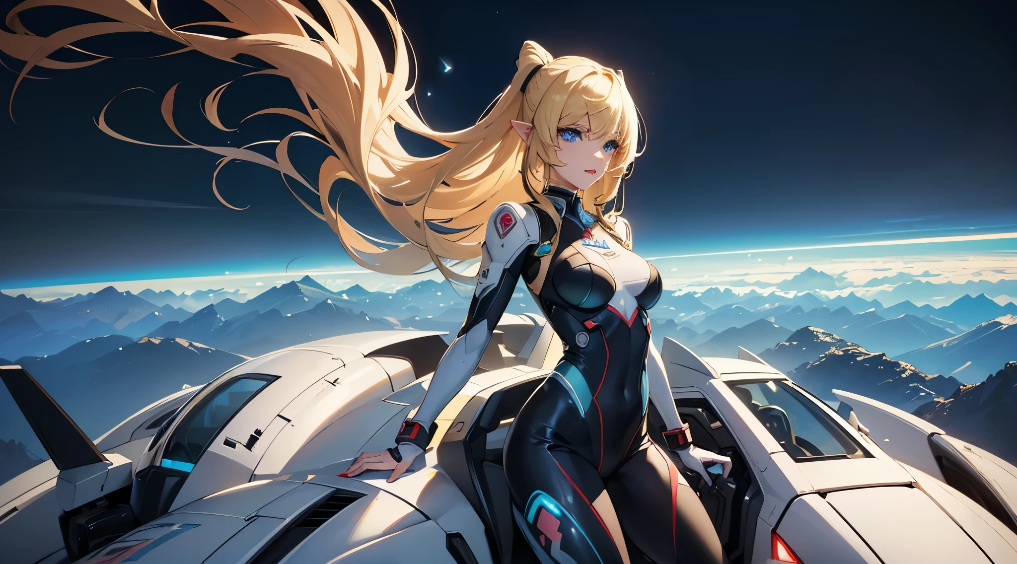 (masterpiece, bestquality, ultra-detail:1.3), perfect composition, 10, (Very detailed, hyper detailed), gentle lighting, raw, HDR, 8K Surface, Extreme Detail, high detailed skin texture, Epic Details, high sharpness, Macross Delta, (((Mirage Farina Jenius))), ((Blonde Hair)), ((blue eyes)), Macross fighter pilot suit, makeup, eye shadow, eye liner, lipstick, pointy ears, (dynamic pose:0.8), close-up, long hair, straight hair,