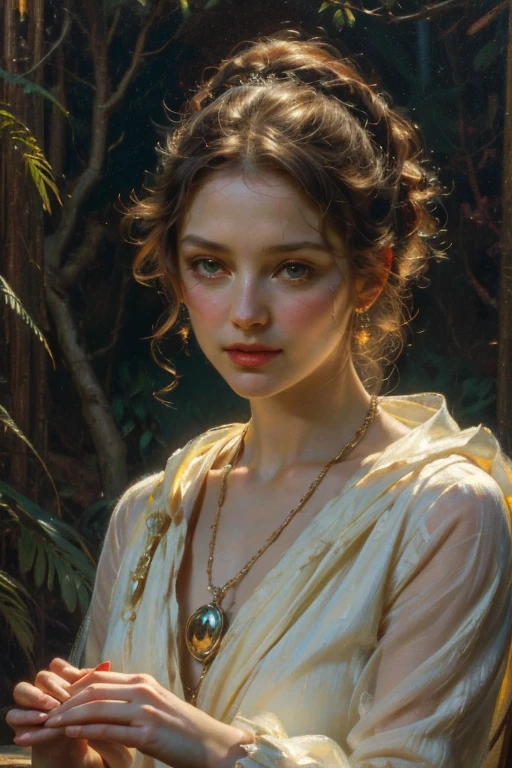 uper body portrait of an elegant lady, spreing dress, art nouveau composition style, decorative ornaments, edgar maxence art style, organic motif patterns, seductive green eyes, playful smile, a little shy, holding hands, a delicate golden necklace, ginger hair, a park with big trees in the background, delicate lighting, cinematography composition, ((classical art)), ((best quality)), Light Academia aesthetic, muse, poetry, old romantic novels.