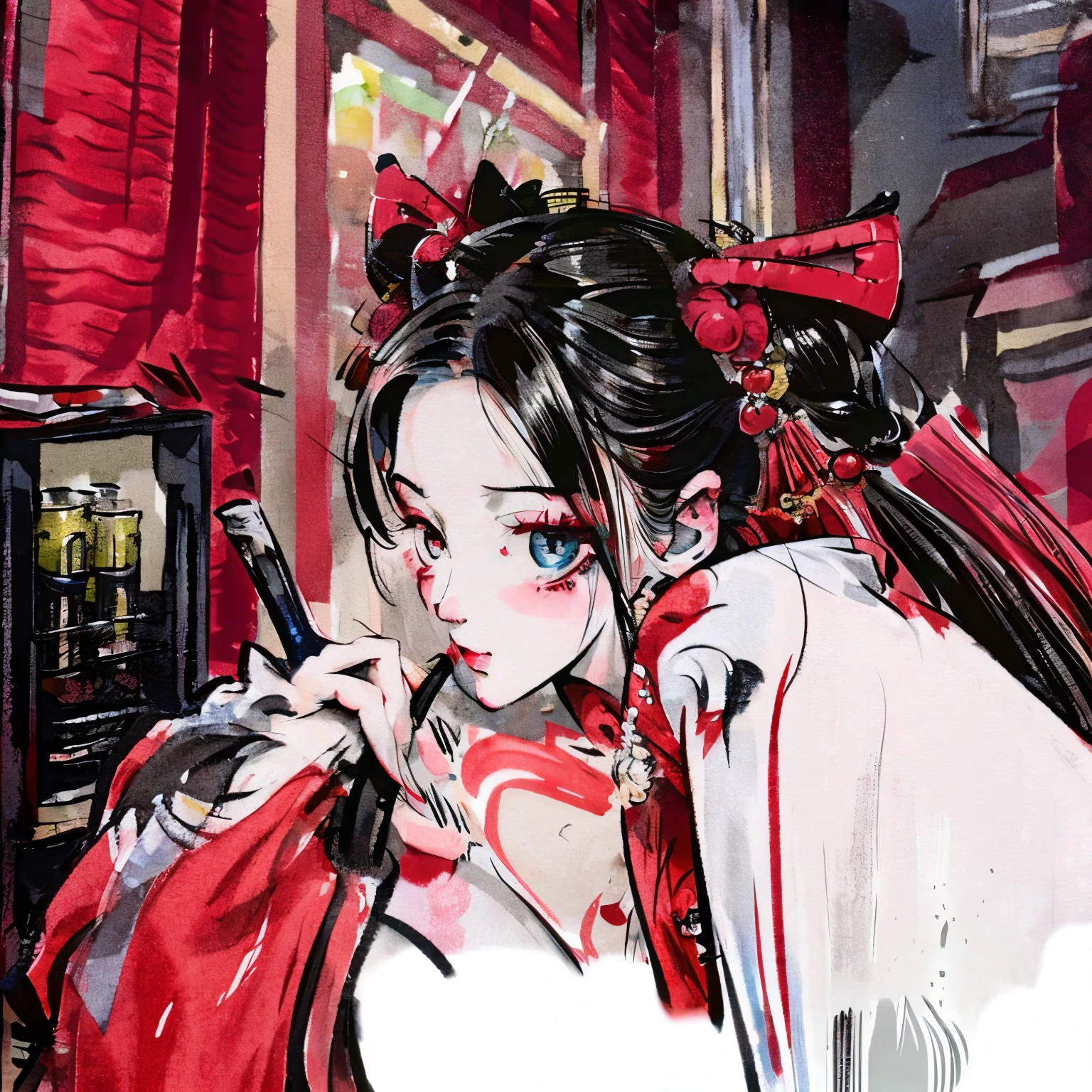 Red eyes, red kimono, pigtails, alcohol, cigarettes