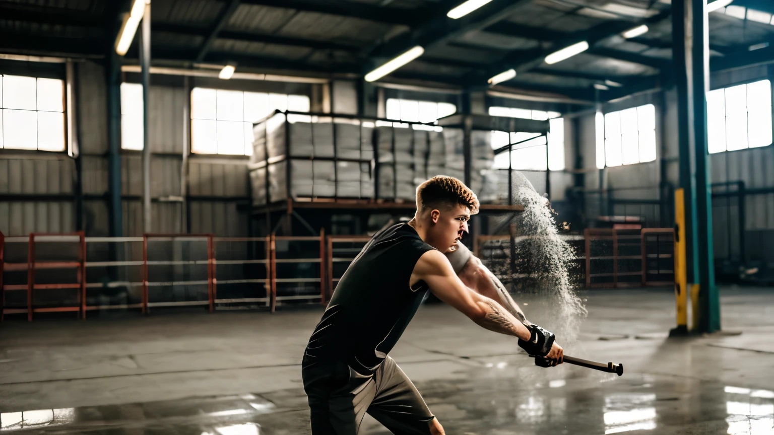 German young man fighting with iron pipe、factory background、More than one person