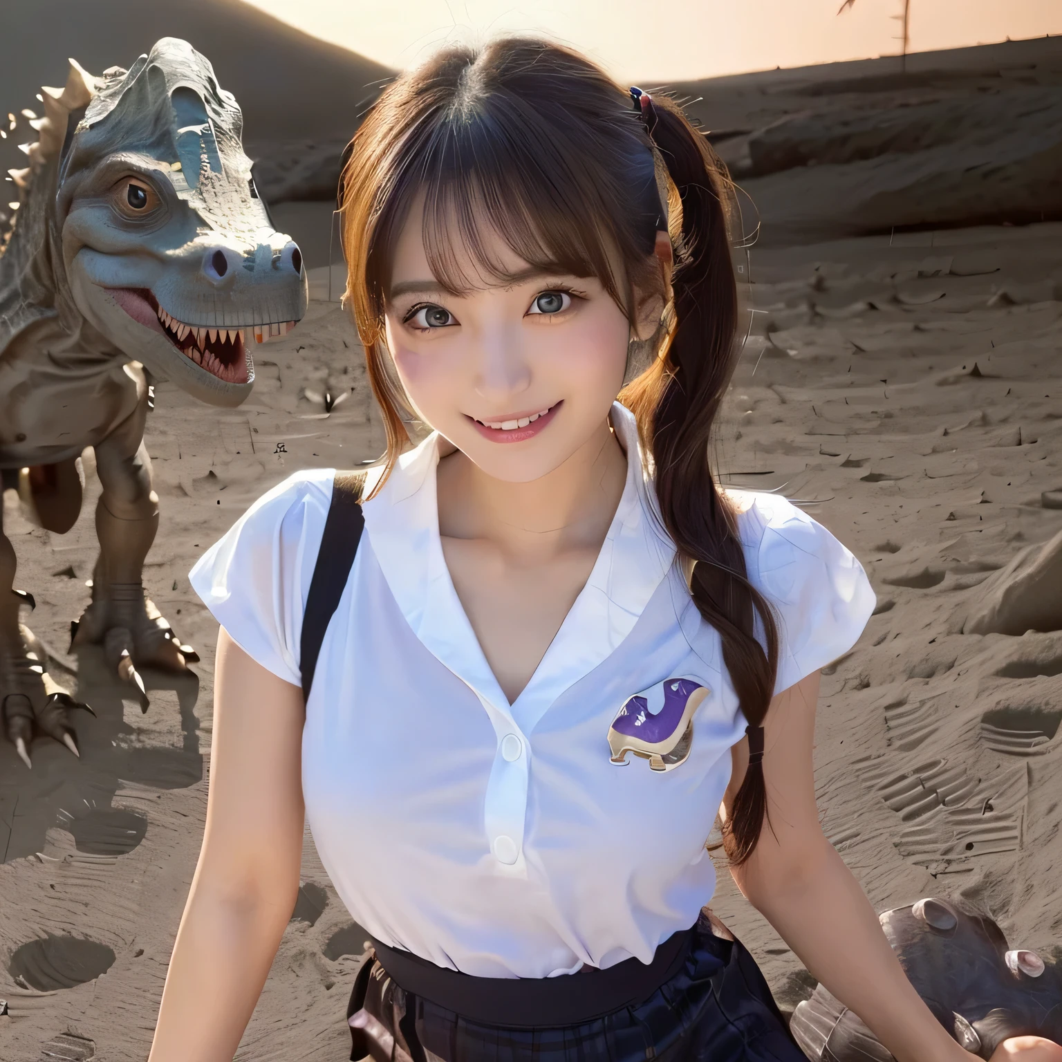 (Girl and a dinosaurs on the moon:1.5) ,(landing on the moon:1.2),(dinosaurs:1.2),original photography,(ultimate beauty portrait、sparkling skin、1 girl、Smile、collared shirt、mini skirt,thin and transparent、bright expression、standing、from below、under skirt、from below看内衣的特写、brown hair、Big eyes sparkling like gems、Bold sexy pose,Smile,Harajuku、20 year old girl、huge :1.5、Look at the sexy shots of the camera)