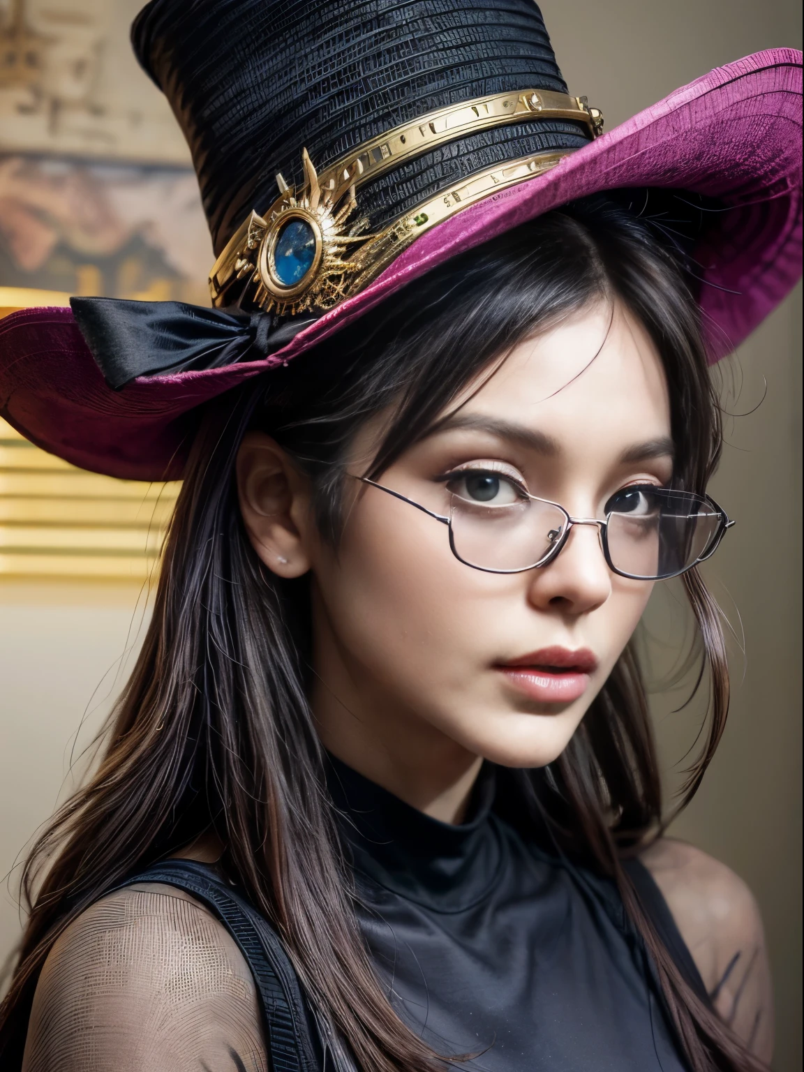 close up, beautiful woman in the hat and round steel gear, sunglasses, short mustache, victorian era, ((steampunk)), cinematography, crafted, elegant, meticulous, magnificent, maximum details, extremely hyper aesthetic, intricately detailed, Hippie Glasses Retro Round Metal