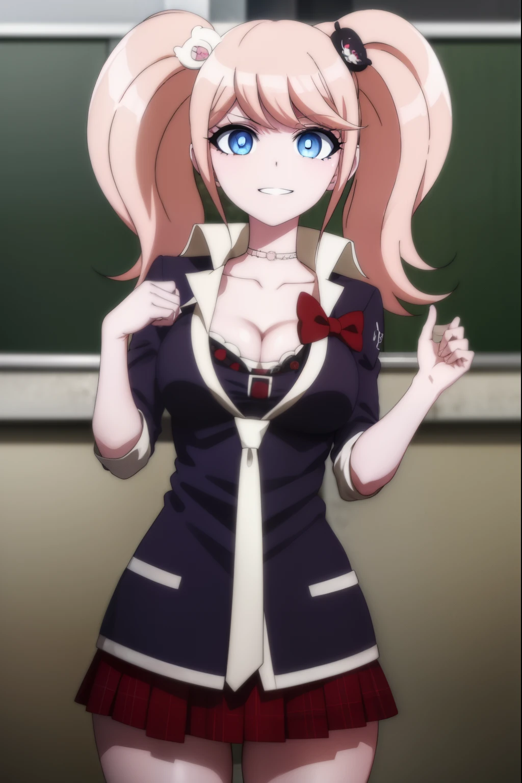 junkoenoshima, junko enoshima, long hair, bangs, blue eyes, pink hair, hair ornament, twintails, bear hair ornament, smile, grin,
BREAK skirt, shirt, bow, cleavage, underwear, collarbone, necktie, choker, bra, red bow, black bra, sleeves rolled up, red skirt,
BREAK outdoors, classroom,
BREAK looking at viewer, (cowboy shot:1.5),
BREAK (masterpiece:1.2), best quality, high resolution, unity 8k wallpaper, (illustration:0.8), (beautiful detailed eyes:1.6), extremely detailed face, perfect lighting, extremely detailed CG, (perfect hands, perfect anatomy),