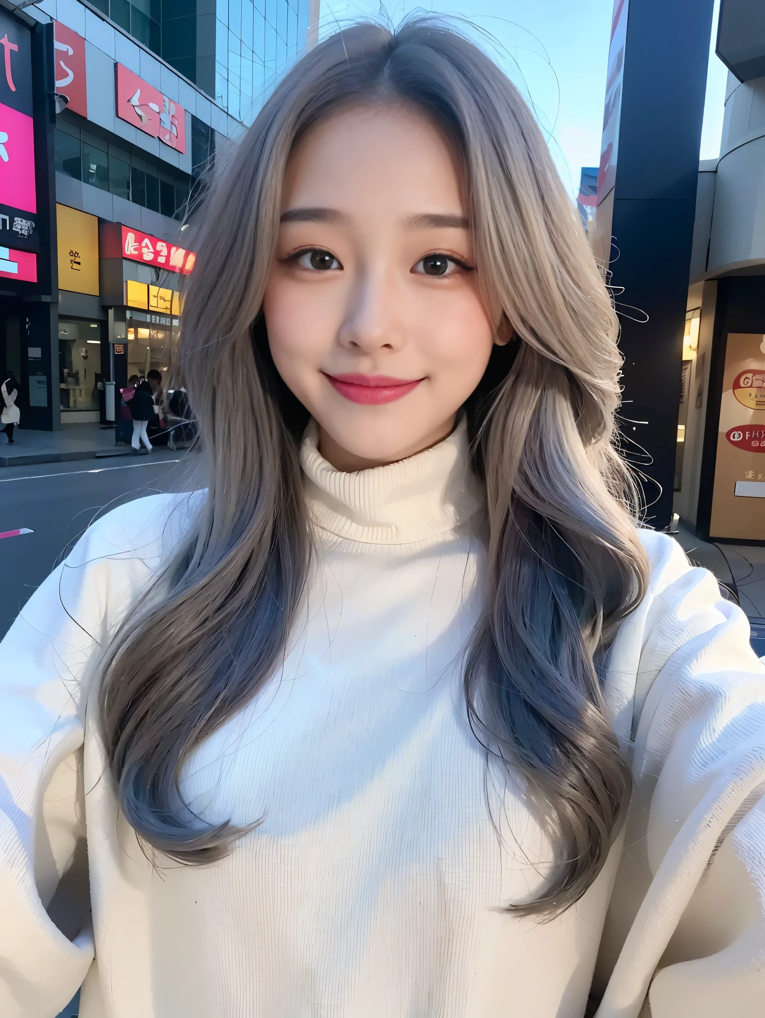 realistic, High resolution, 1 female, glowing skin, alone, wide lips,long hair,wavy hair,saggy breasts,small face,Gray color hair,Color Contacts,White down jacket,Osaka cityscape,smile,Turtleneck sweater