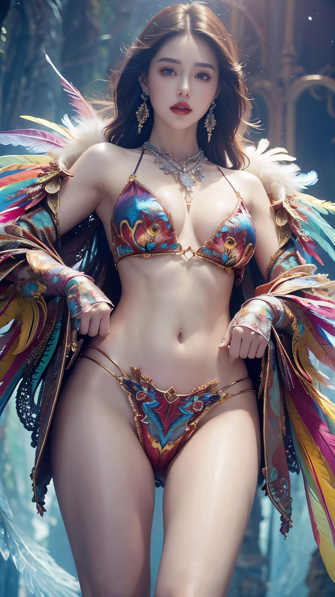 (fractal art:1.3), (colorful colors), highest detailed, 1girl, perky , (crystal feather armor), makeup, red lips, necklace, earrings, pale skin, the creamy smooth skin, wide pelvis, fighting stance, (upper thighs shot:1.3), Rafael Albuquerque, art _style, (masterpiece, top quality, best quality, official art, beautiful and aesthetic:1.2), extreme detailed,