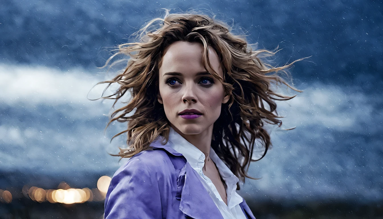 Uma jovem garota (Rachel McAdams), Zenistu, de corpo inteiro e com roupas roxas e brancas, Purple and White Lightning, cabelos brancos, Purple eyes, Sky Lightning.
