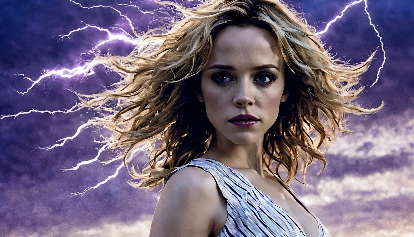 Uma jovem garota (Rachel McAdams), Zenistu, de corpo inteiro e com roupas roxas e brancas, Purple and White Lightning, cabelos brancos, Purple eyes, Sky Lightning.
