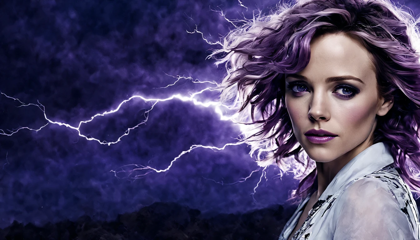 Uma jovem garota (Rachel McAdams), Zenistu, de corpo inteiro e com roupas roxas e brancas, Purple and White Lightning, cabelos brancos, Purple eyes, Sky Lightning.
