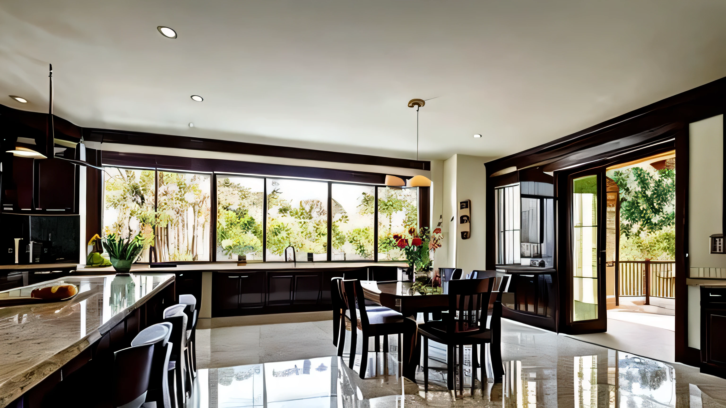 Create an image of a Vietnamese family seated around a dining table in a spacious and joyous kitchen. The man dressed in a stylish shirt, the woman in a traditional áo dài, and the adorable boy and girl in charming outfits. Capture the expressions of happiness on each family member's face with radiant smiles. Design the kitchen with a luxurious and modern touch, featuring tastefully tiled walls and a glossy tiled floor. Ensure the interior design is harmonious, creating a comfortable and inviting space. Utilize natural light streaming in through windows to accentuate the natural beauty of the tiles. Craft a realistic and vibrant scene with warm colors to enhance authenticity and family connection.