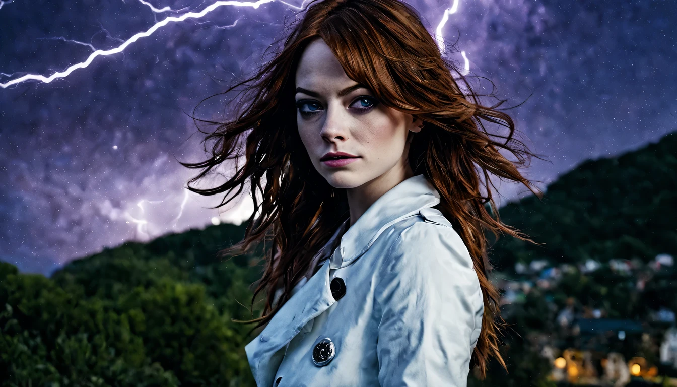 Uma jovem garota de corpo inteiro (Emma Stone), Zenistu, e com roupas roxas e brancas, Purple and White Lightning, cabelos brancos, Purple eyes, Sky Lightning.
