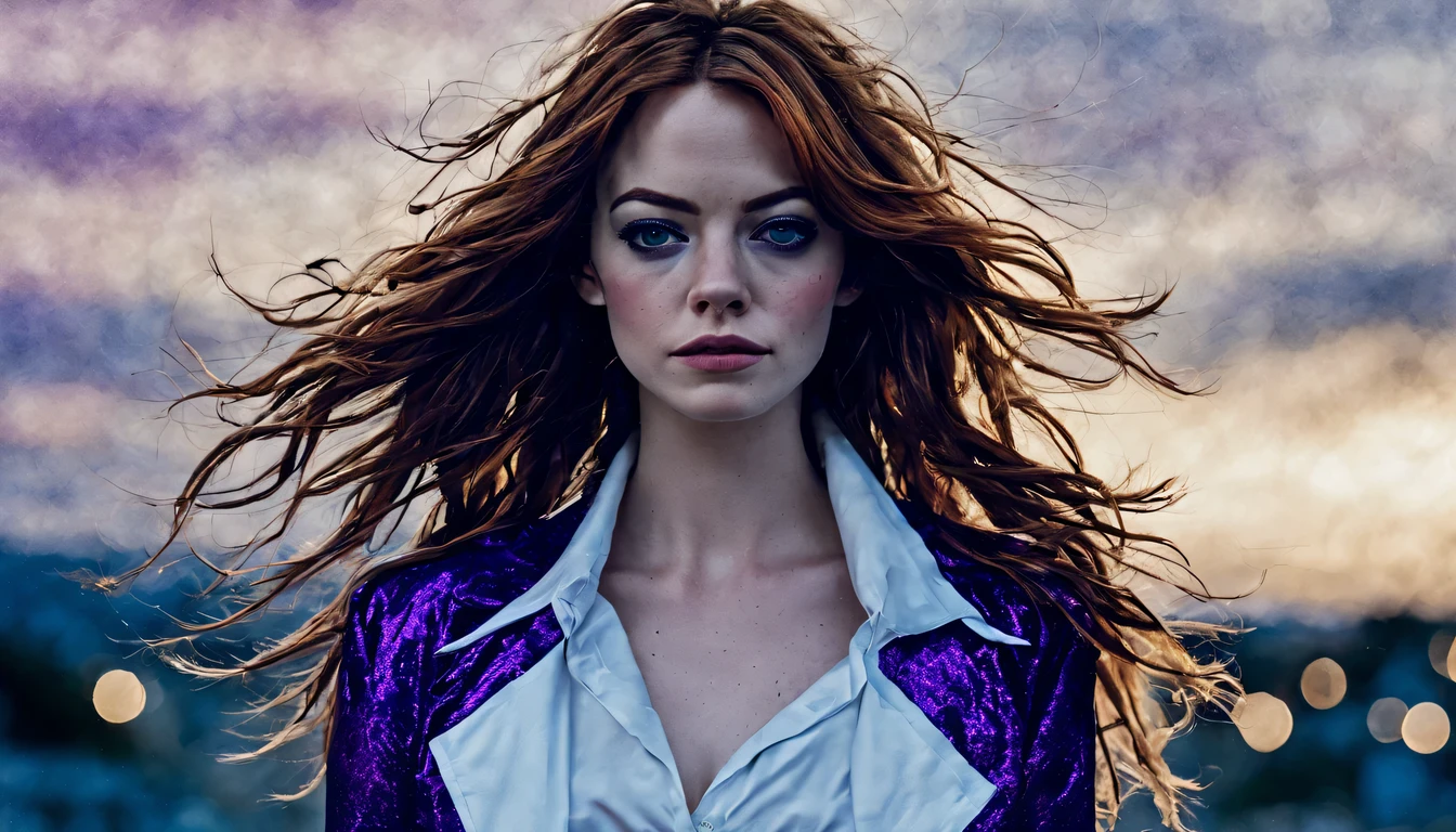 Uma jovem garota de corpo inteiro (Emma Stone), Zenistu, e com roupas roxas e brancas, Purple and White Lightning, cabelos brancos, Purple eyes, Sky Lightning.