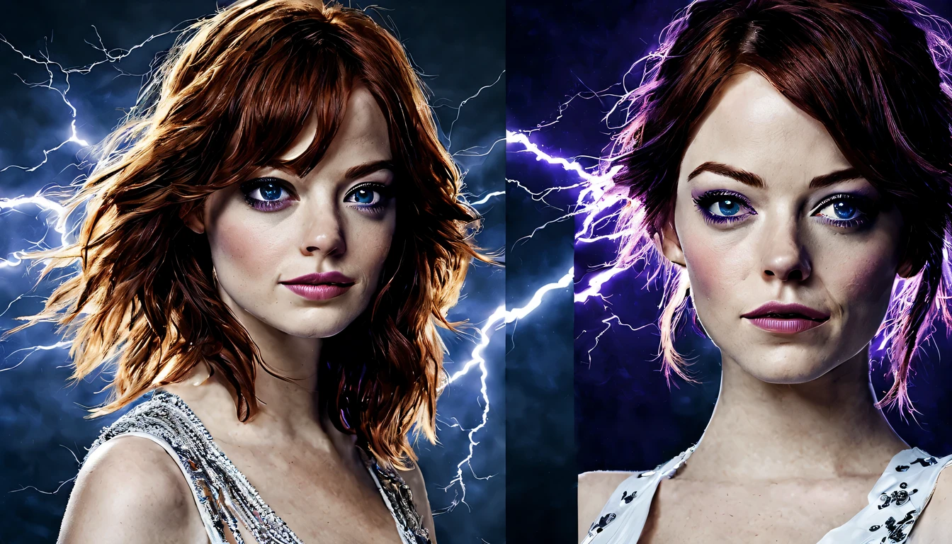 Uma jovem garota de corpo inteiro (Emma Stone), Zenistu, e com roupas roxas e brancas, Purple and White Lightning, cabelos brancos, Purple eyes, Sky Lightning.
