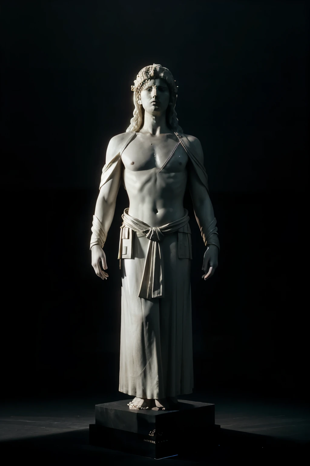 Greece, Scene: Ultra realistic god statues,standing stone robe Subject: exposure of statues with a black background, Angle: