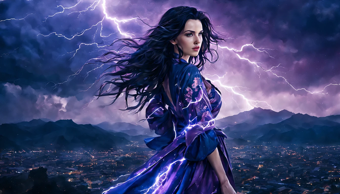 Uma jovem garota de corpo inteiro (Liv Tyler), Zenistu, e com roupas roxas e brancas, Purple and White Lightning, cabelos brancos, Purple eyes, Sky Lightning, Fio Eletroluminescente, magic sparks, enchanted magical fantasy. Peach Blossom Land, heaven, Jogo CG, Hand Painted Style, 8k, Ultra HD | |, arte digital conceitual, Azure azul e cinza,(Very detailed, A huge amount of purple lightning shot out from the girl&#39;the hand and hit the city, lightning clouds, Atmospheric lightning, Pink Lightning, with thunderstorms, Tempestade escura with lightning bolts, Dramatic purple lightning, raios no heaven, contrast lightning, trovoada no heaven, lightning in the background, with lightning bolts, Reasonable design, linhas claras, Alta nitidez, melhor qualidade, master part, 4k ).
