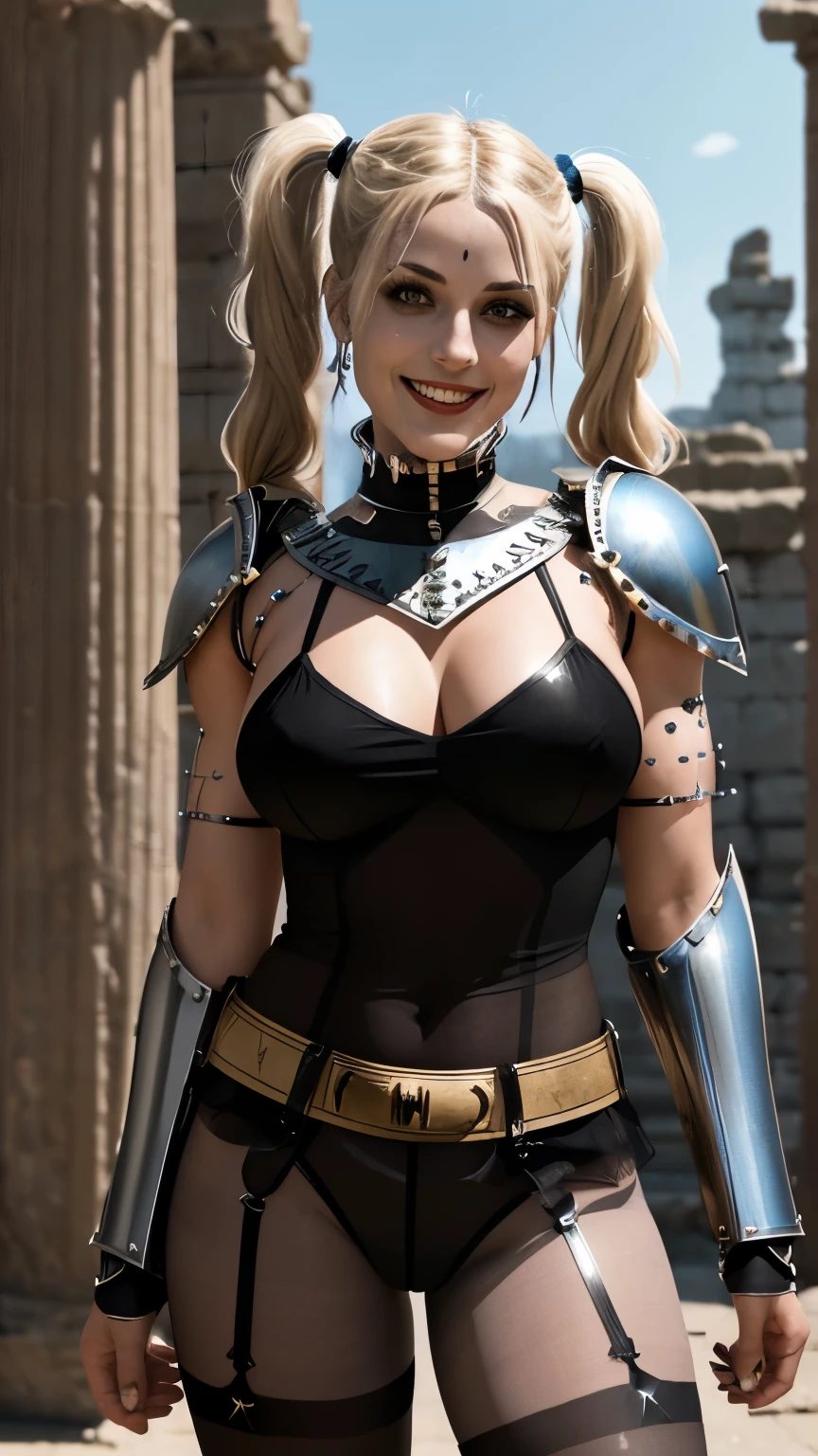 (Harley Quinn), (((Greco-Roman centurion armor))), huge breasts, small hips, small butt, thin, skinny, fit, short, athletic, long flowing thick platinum-blonde pigtails, ((shiny sheer black pantyhose legs)), goth makeup, ancient ruins backdrop, battle ready, combat pose, ready to fight, I can see the entire woman, the entire person is in view, show her legs and feet, big smile, high definition, intricate details, 8k, HDR, unbelievable detail, cinematic lighting