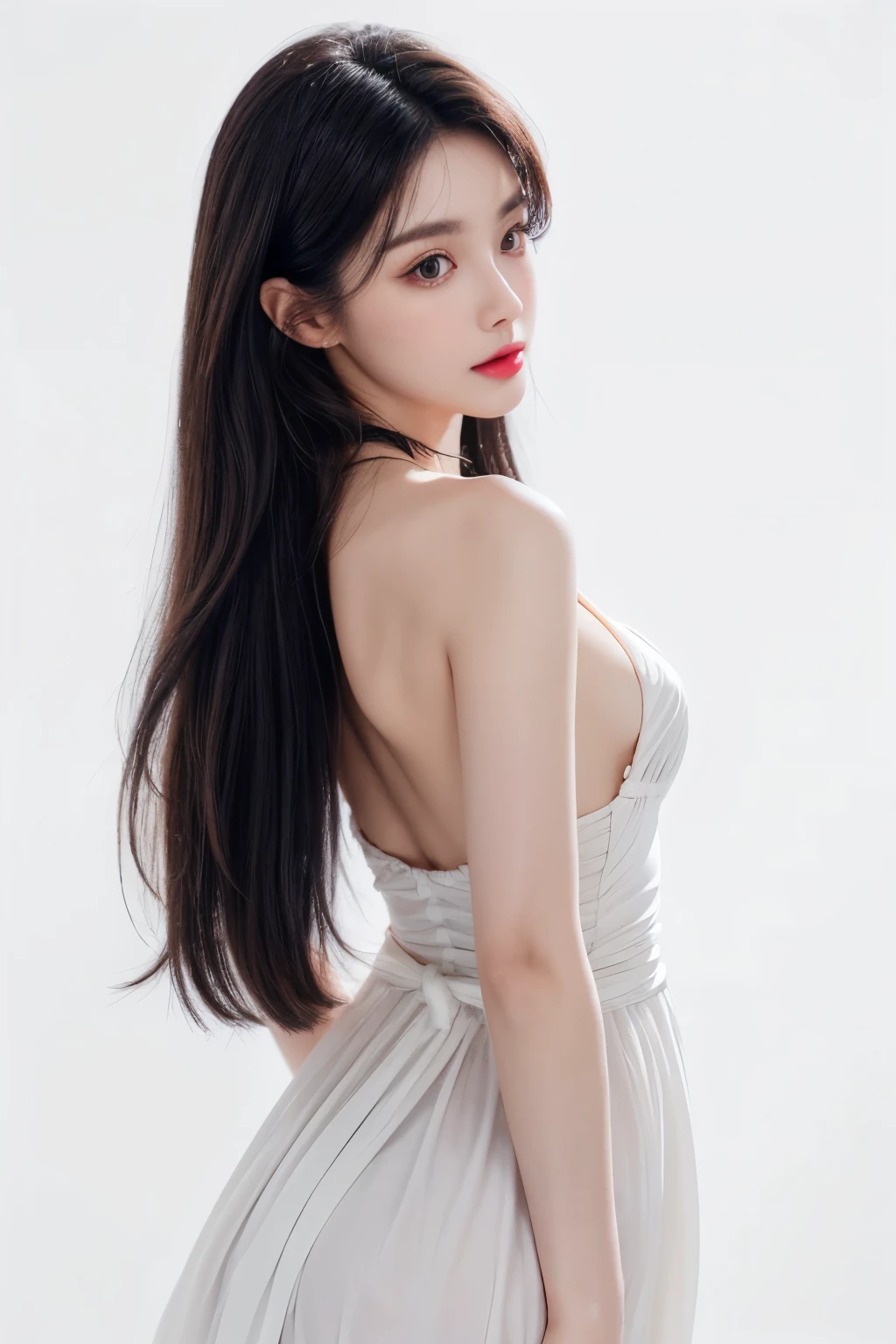 a woman, beautiful, amazing face and eyes, cosmetic, (backlessoutfit),(Extremely detailed beautiful face),(best quality), (Super detailed), (Extremely detailed CG unified 8k wallpaper),original photo, Professional photography, (standing), (White background),(black hair),(Small man's waist),(Soft light source),(A little cleavage),red glossy lips,