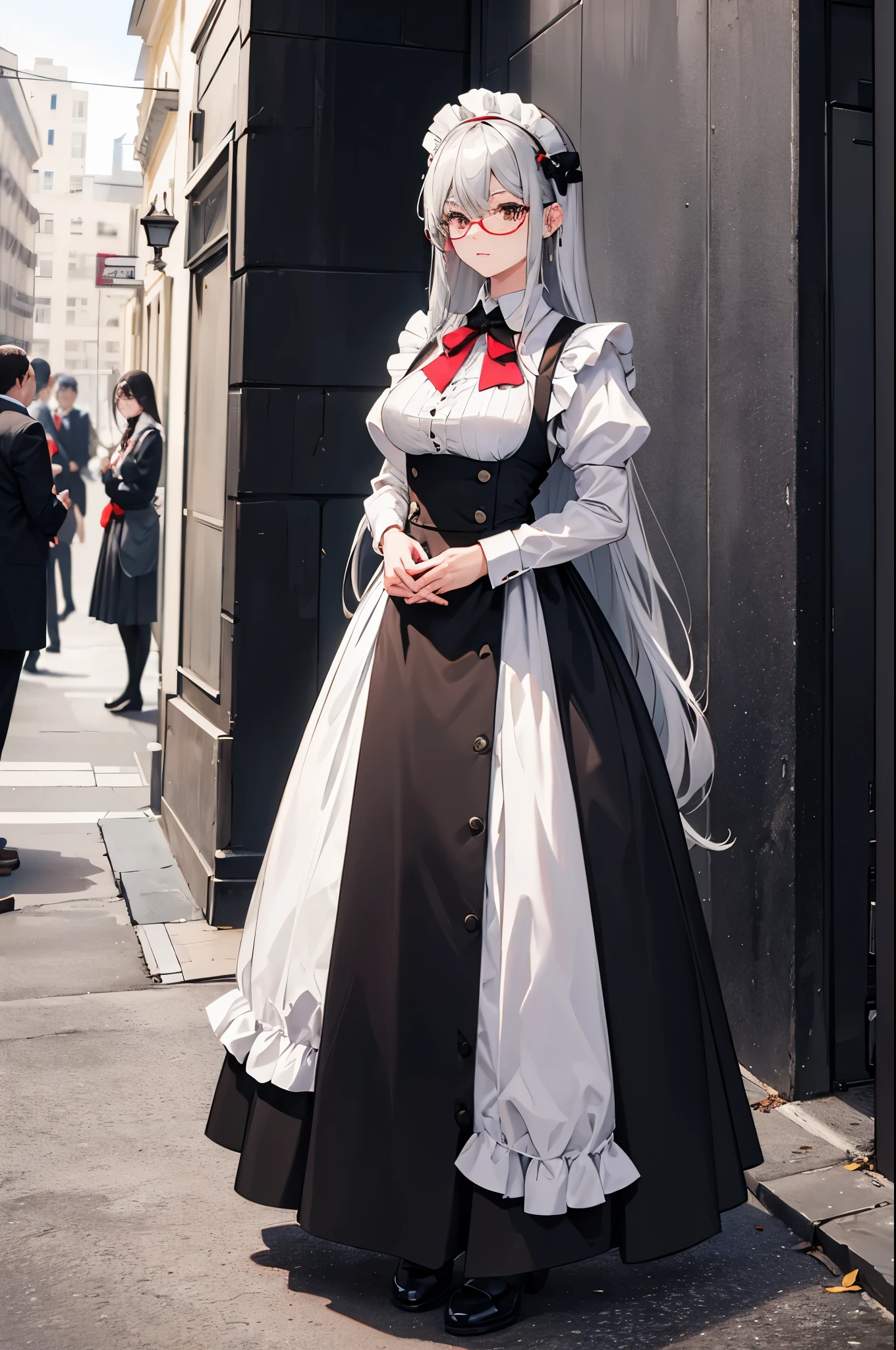 1woman, long silver hair, black eyes, red glasses, maid dress, standing on ground, high res, ultra sharp, 8K, masterpiece