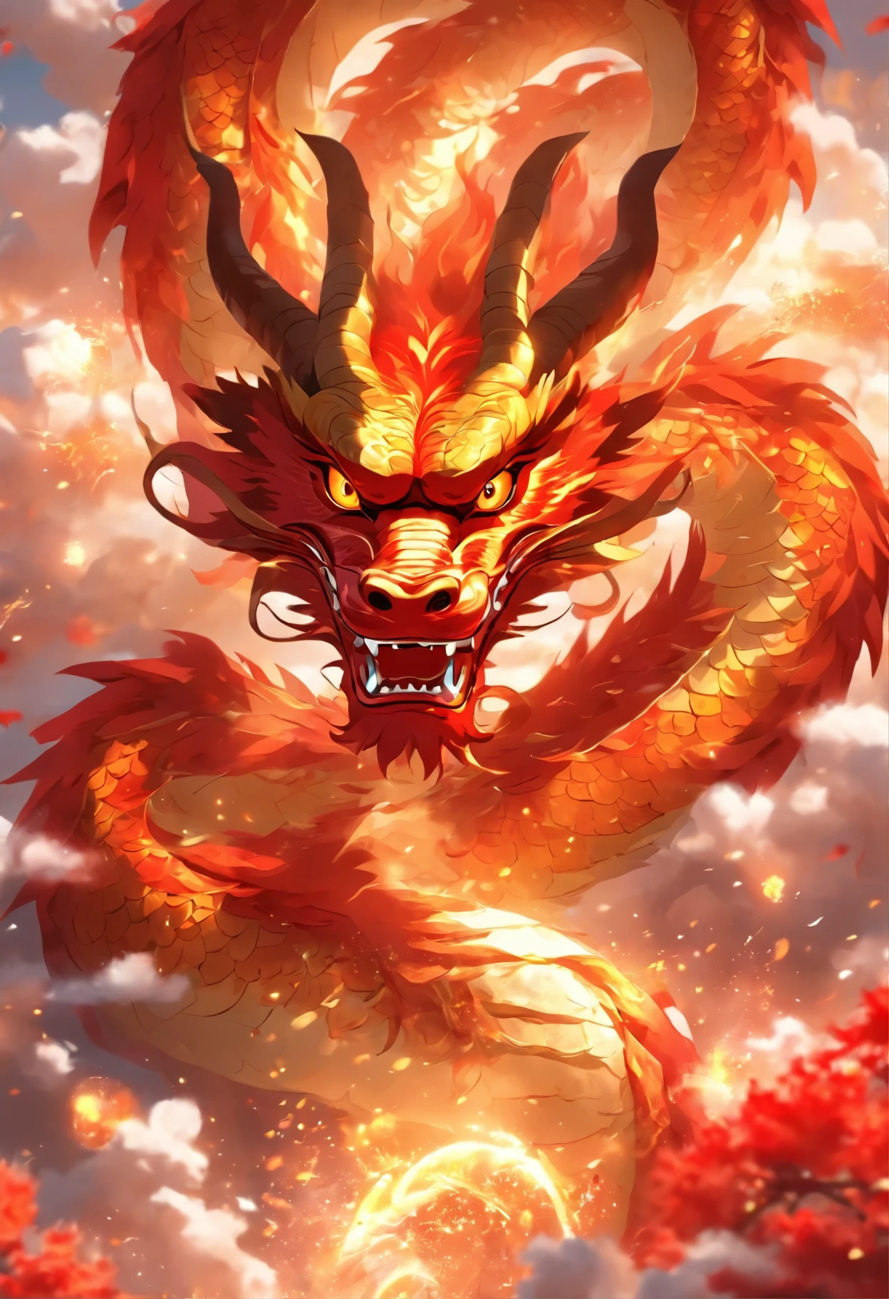 4K, masterpiece, high resolution,Chinese dragon,red,festive,front,Surrounded by clouds,Sense of fairyland,whole body,circling