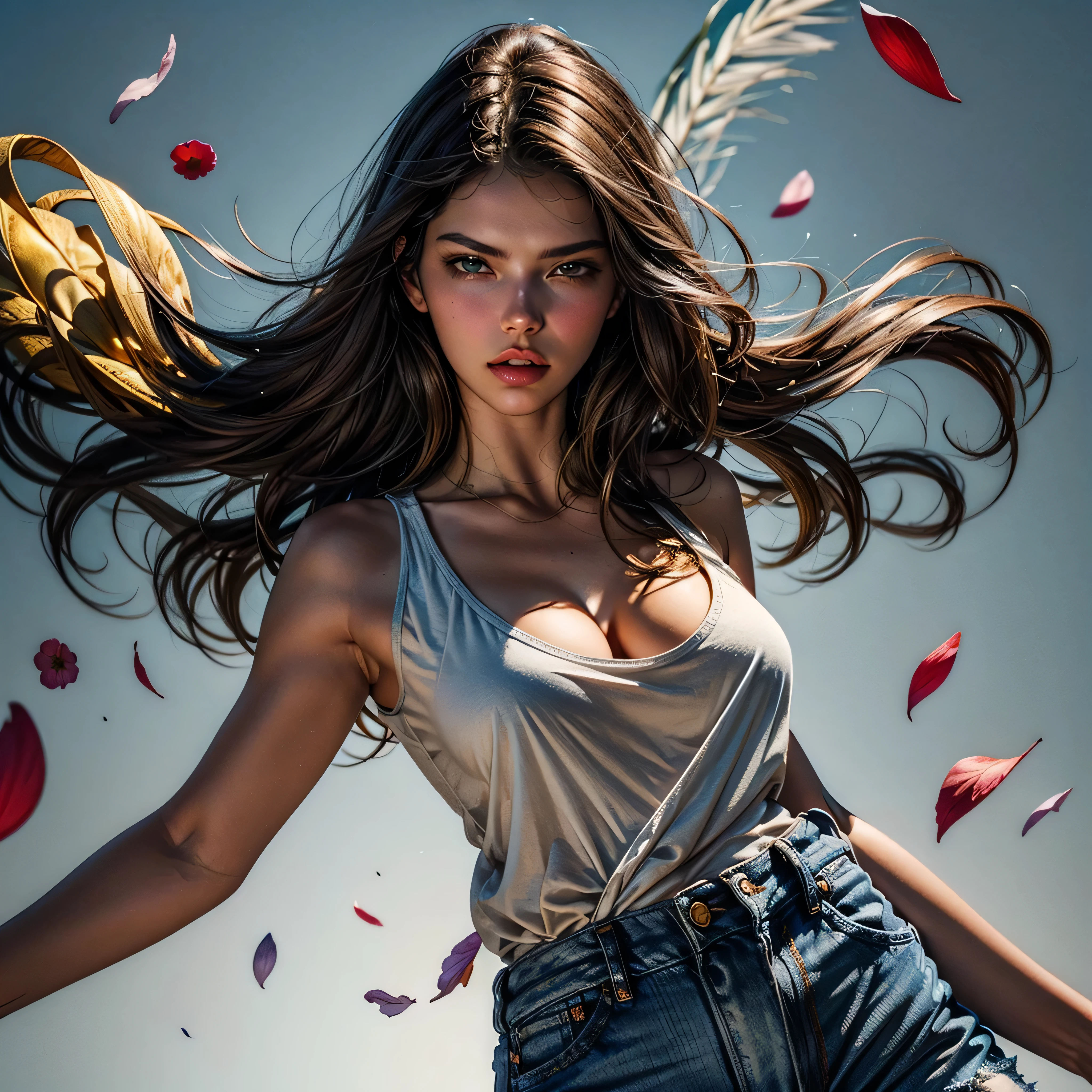 style FANTASTIC::Marc Silvestri ::5.0 COMIX illustration style, Fantastic Paintings--quality ,illustration style, DETAILED ,TATOON STYLE , Adriana Lima ,beautiful woman with long straight haiR ULTRA DETAILED, (beautiful and clear background:1.2), (extremely detailed CG, ultra-detailed, best shadow:1.1), ((depth of field)), ((watercolor)), large breasts(with jeans and a white t-shirt or dress:1.3), bare shoulders, flowers and petals, beautiful concept illustration , (white background:0.5), (illustration :1.1), (extremely fine and beautiful:1.1), (perfect details:1.1) varied multi etc. --v 6 --s 1000 --c 20 --q 20 --chaos 100