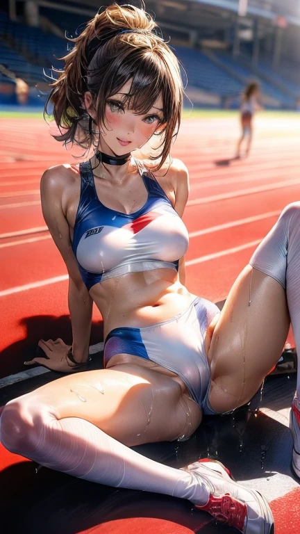 ((masterpiece, In 8K, High resolution, realistic)), (masterpiece, side light, fine and beautiful eyes: 1.2), (Natural skin texture Vibrant details, surreal), armpitのポーズ, armpit, Female track and field athlete on the stadium, ((spread your legs:2)), (covered nipples:1.2), (black skin), (((1 girl:1.4))), ((((alone:1.4)))), detailed face, very beautiful face, high ponytail hairstyle, light brown hair, ((wet hair, water droplets, sizzle)), (gold blush), orgasm face, colorful sequin bikini, big and full breasts, arms behind