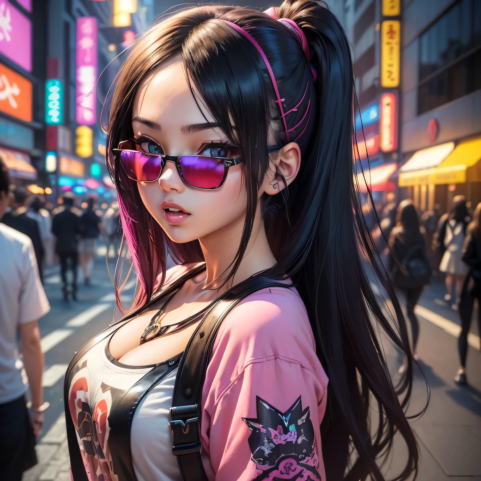 Blogger girl, ((cute, perfect, beautiful and charismatic)), taking photo in front of a mirror, embarrassing, sexy face, black eyes obsessed, cute and beautiful, sunglasses on her forehead, natural straight hair, Tokyo streets in the background, light show, (((anime girl)), ((extremely beautiful and cute)), (((passionate)),maximun upscale, artwork,lots of details, specific details, hypermaximalist, ultra graphics, very high graphics, very high realism,realistic, hypermaximalist, 4k, 8k, amazing, maximum quality, extreme realism, uhd, shaders, ultra realistic, hypermaximalist, ultra graphics,ultra details.