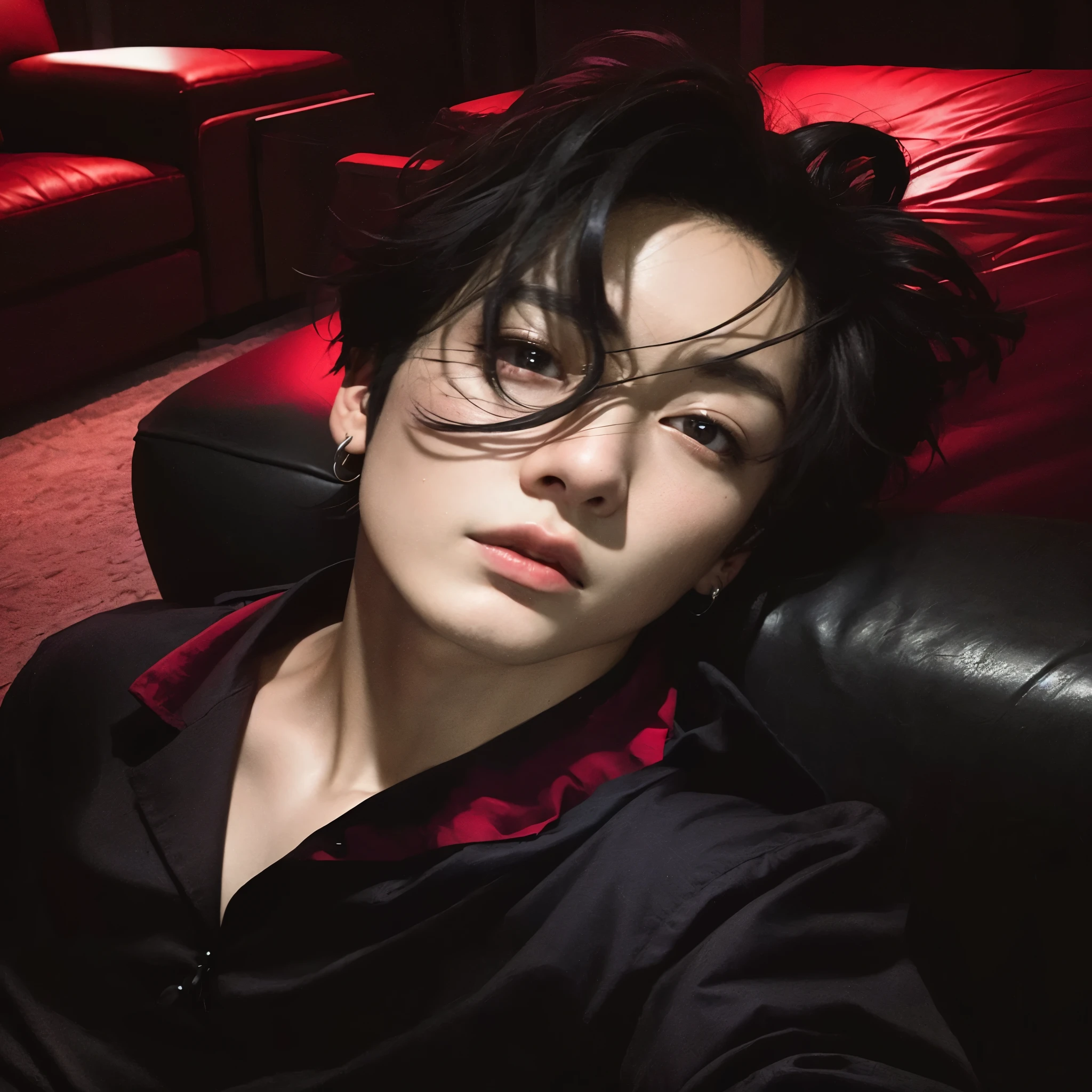 Arafa man with black hair and red shirt sitting on a sofa, jeon jungkook, Jeon, Jungkook, pintar ulzzang, Jungkook, bladee da gangue de drenagem, handsome androgynous prince, hyung jungkook, BTS, lindo coreano, delicate androgynous prince, jungkook com cabelo preto, muscle